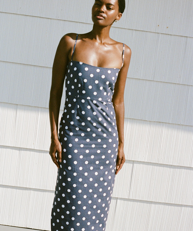 Curved-Hem Midi Dress in Navy Dot