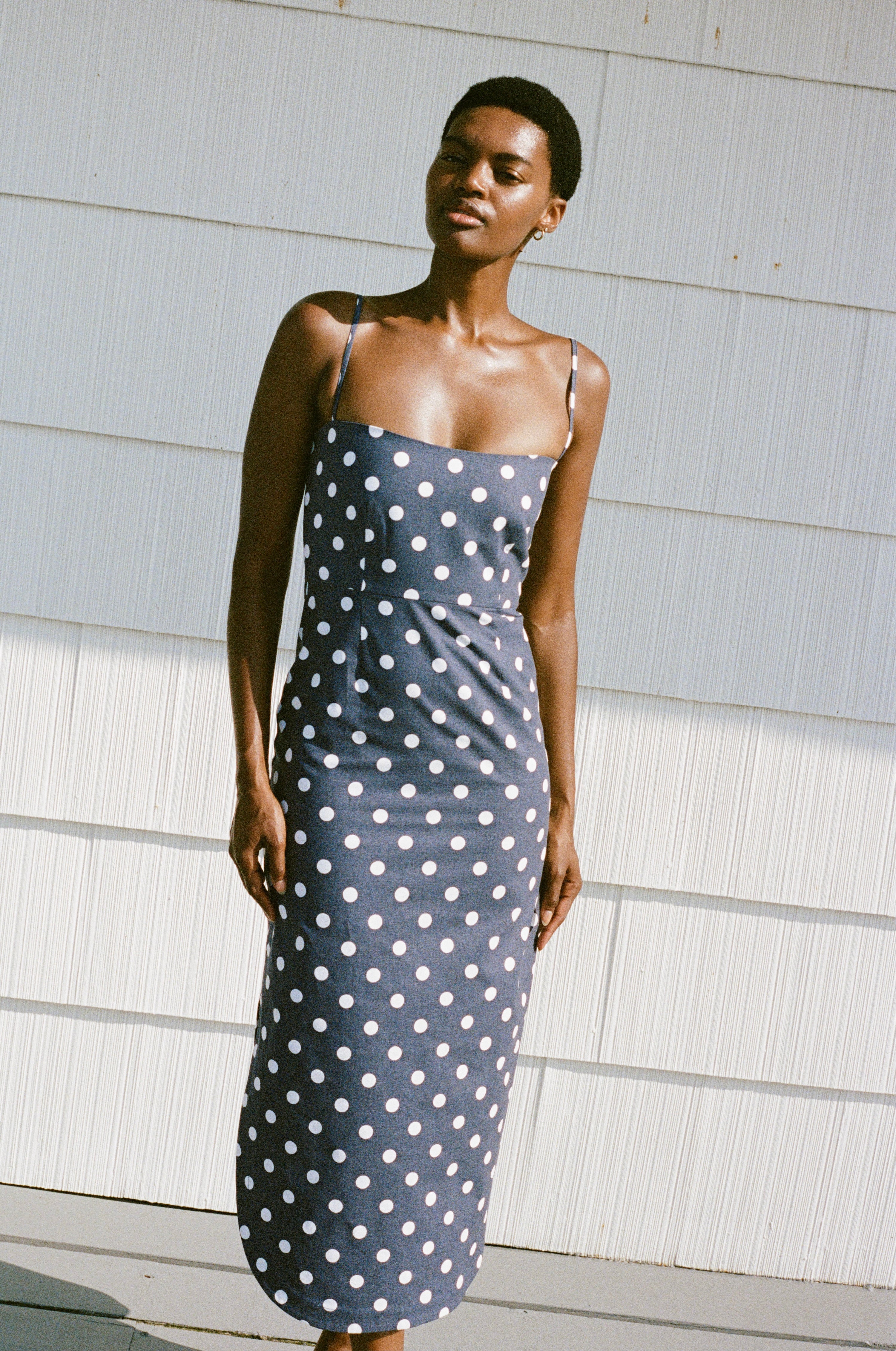Curved-Hem Midi Dress in Navy Dot