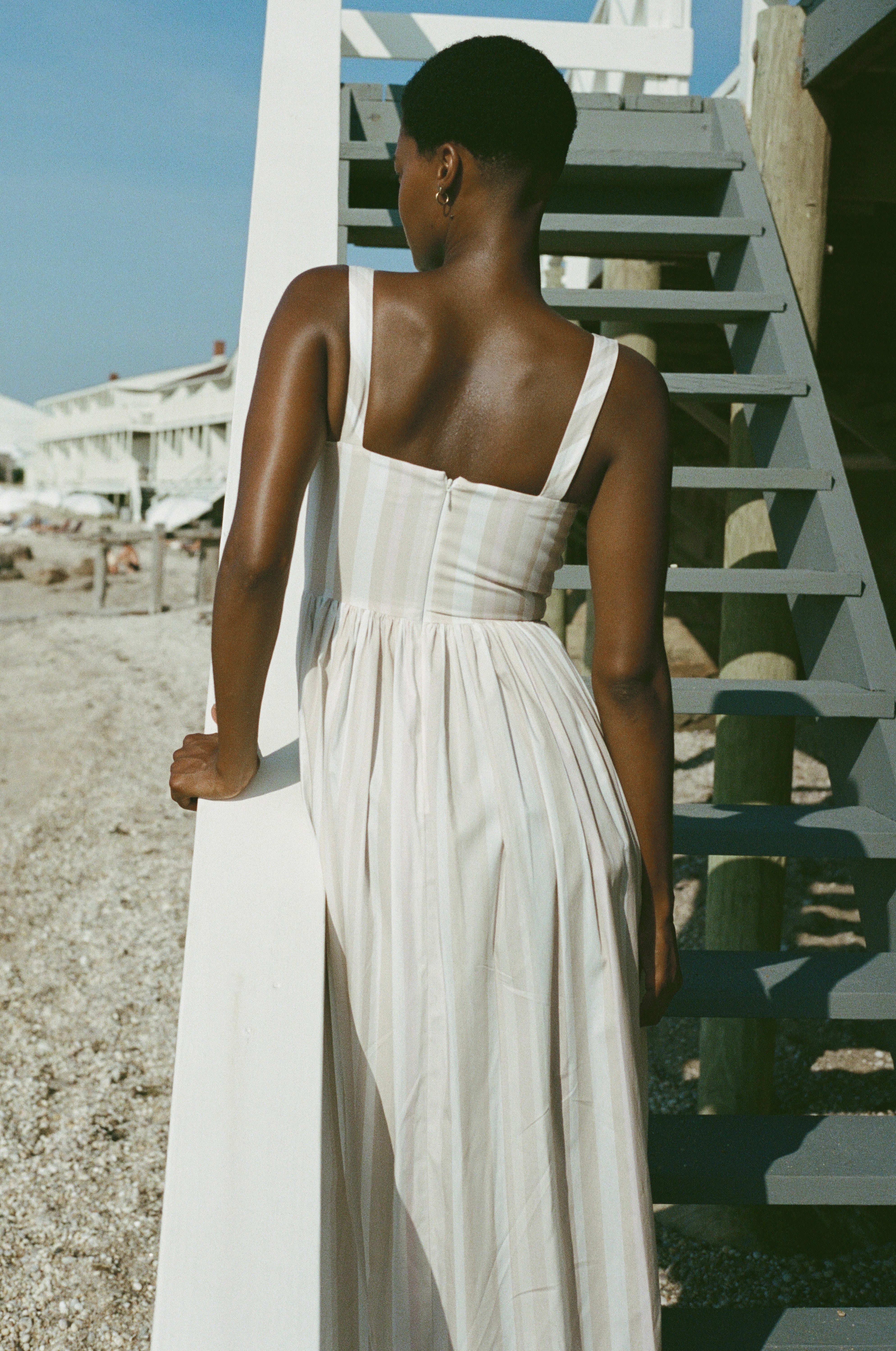 Scoop Neck Dress in Beige Stripe