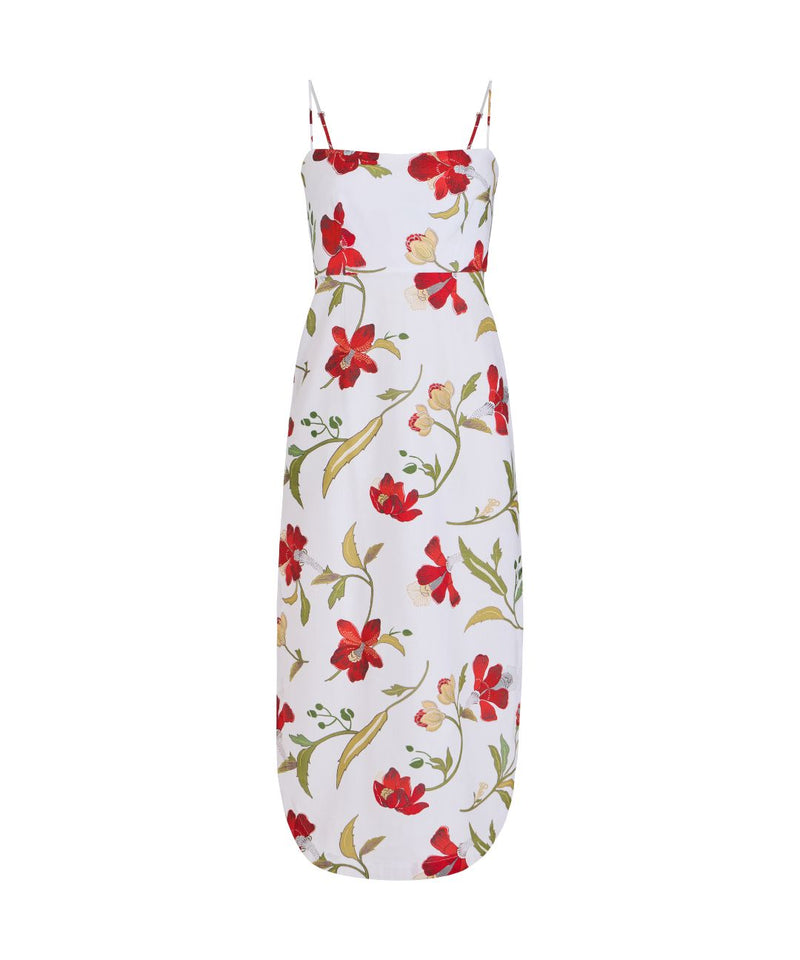Curved-Hem Midi Dress in Red Hibiscus