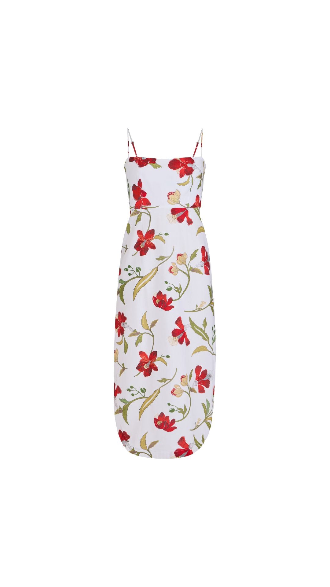 Curved-Hem Midi Dress in Red Hibiscus