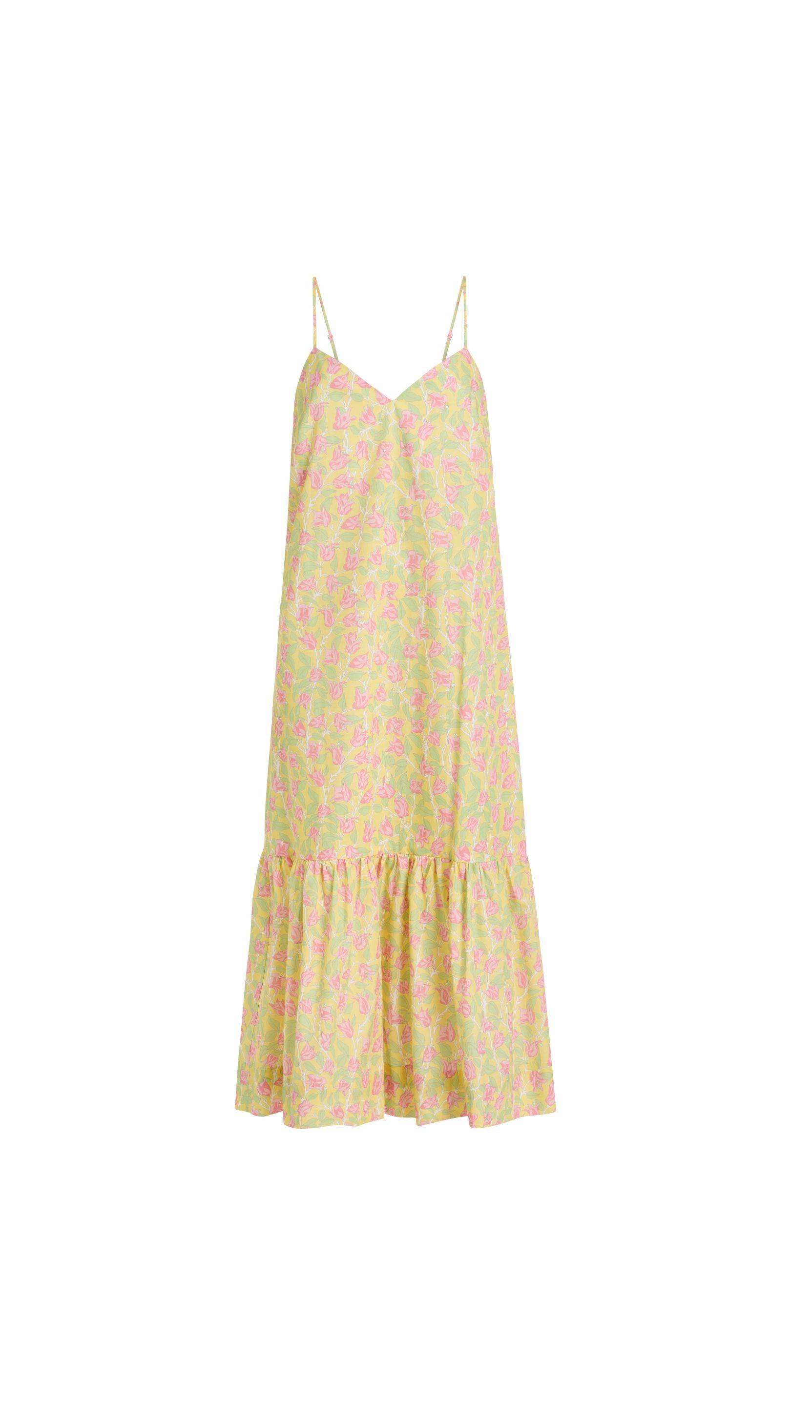 Elissa Dress in Yellow with Pink Bougainvillea
