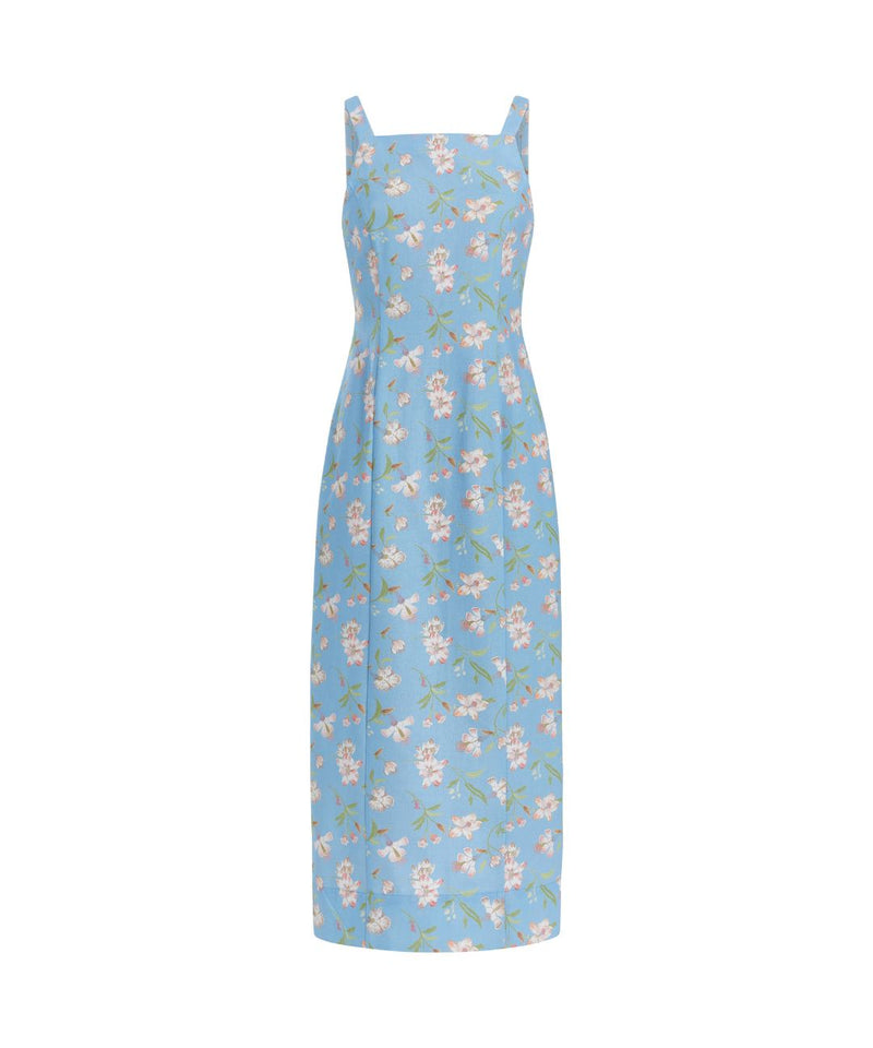 High-Neck Midi Dress in Blue Hibiscus