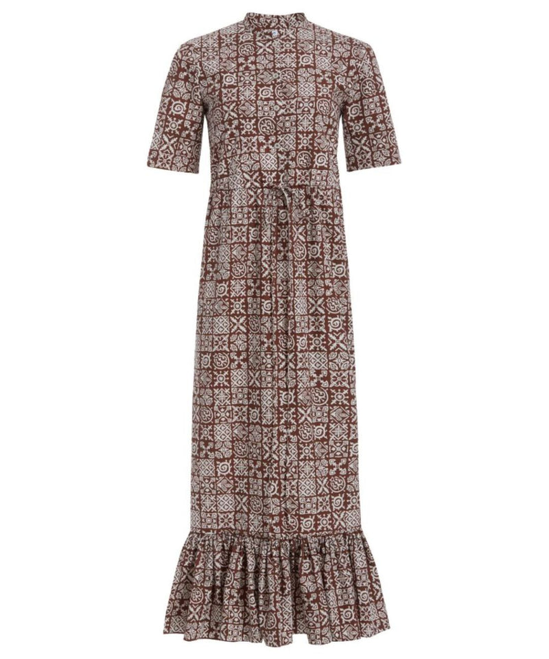 Short-Sleeve Shirt Dress in Brown with White Checkerboard