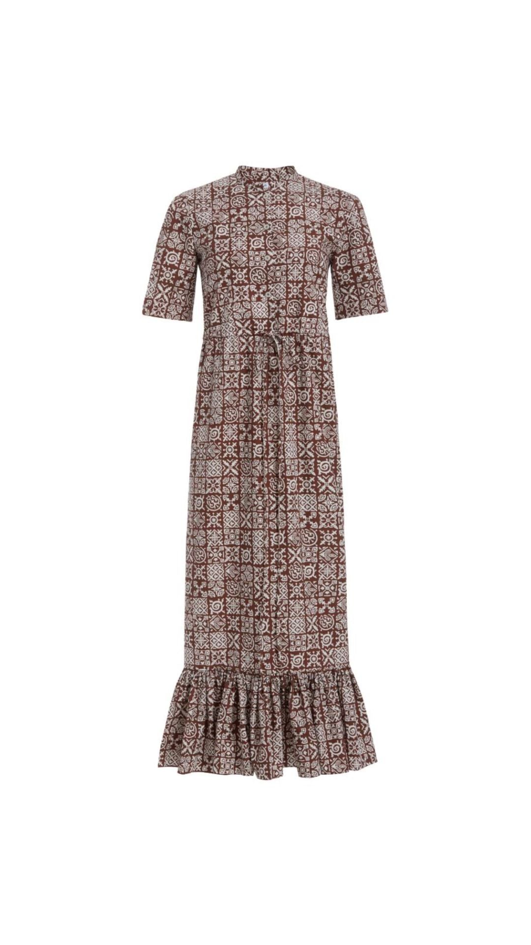 Short-Sleeve Shirt Dress in Brown with White Checkerboard