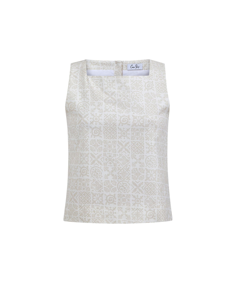 Shift Top in White with Beige Checkerboard