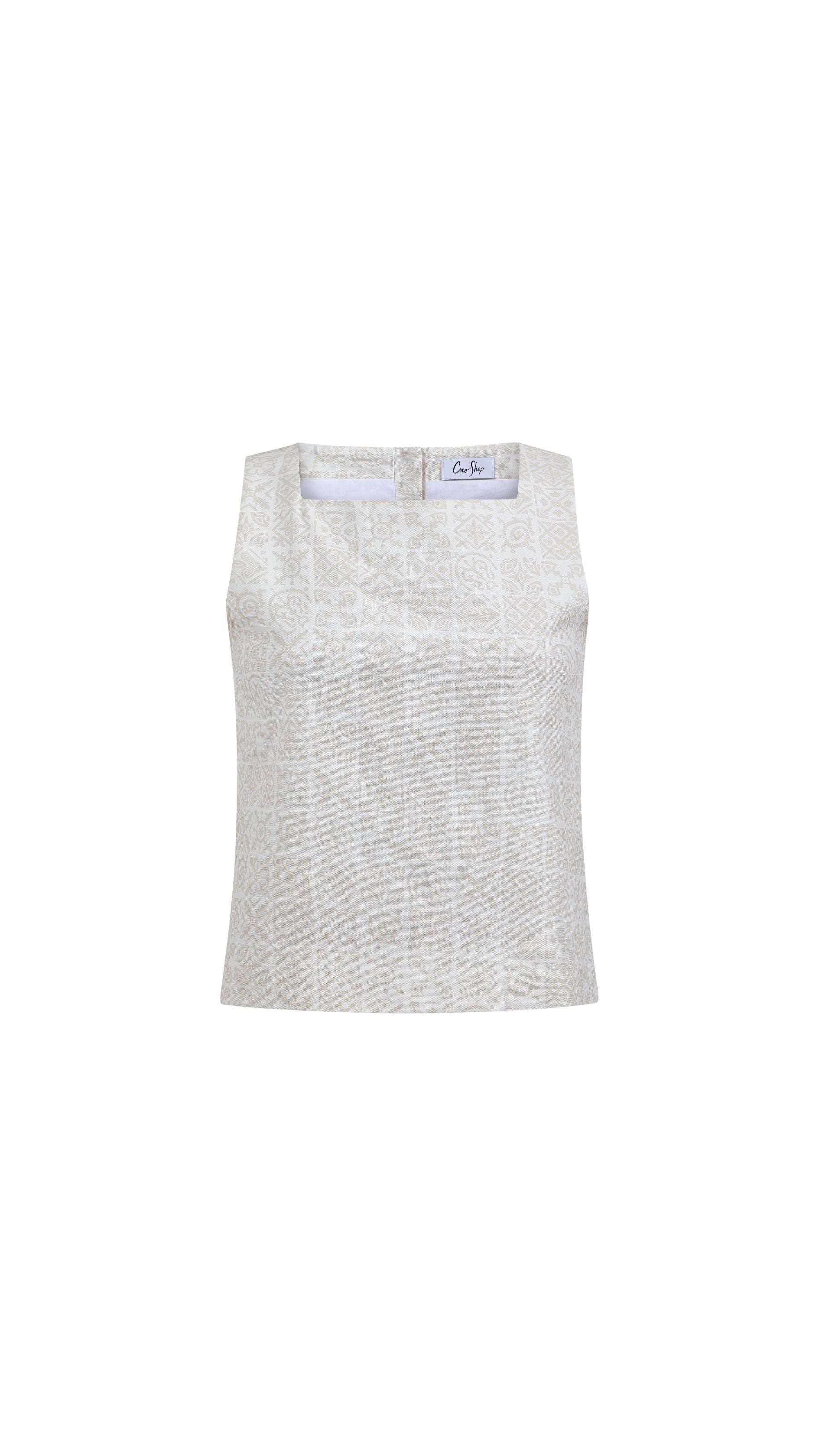 Shift Top in White with Beige Checkerboard