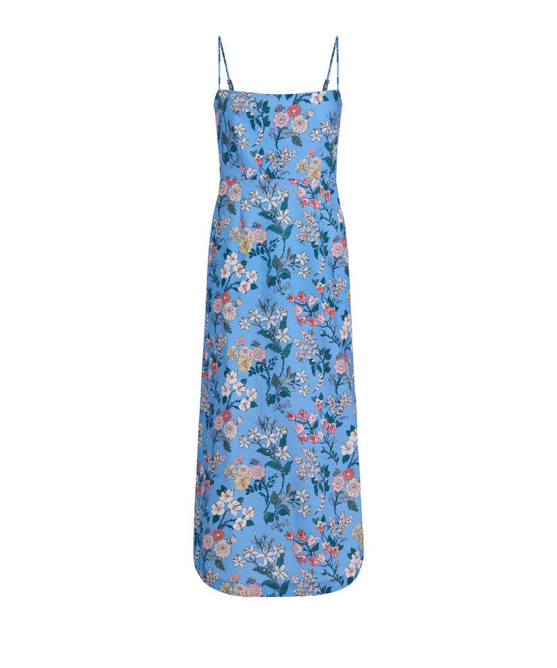 SAMPLE: Curved-Hem Midi Dress in Blue Multi Floral