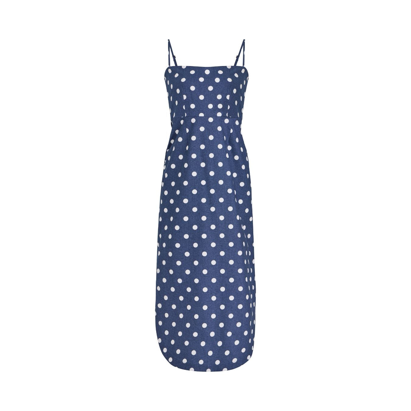 Curved-Hem Midi Dress in Navy Dot