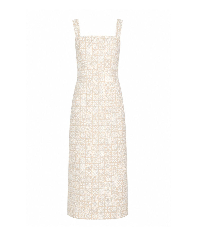 Long Slip Dress in Beige Checkerboard