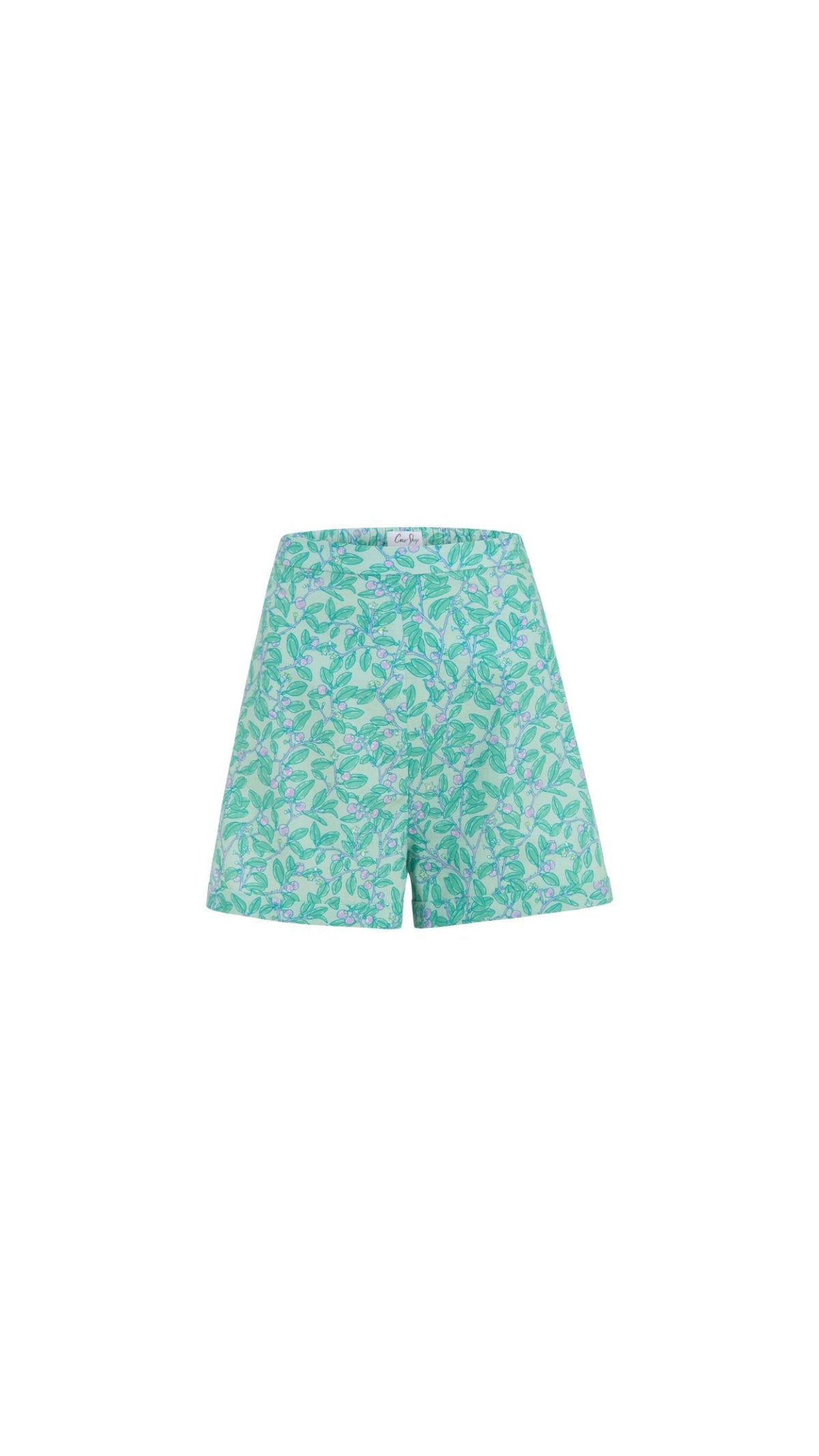 High-Waisted Shorts in Green with Purple Limes