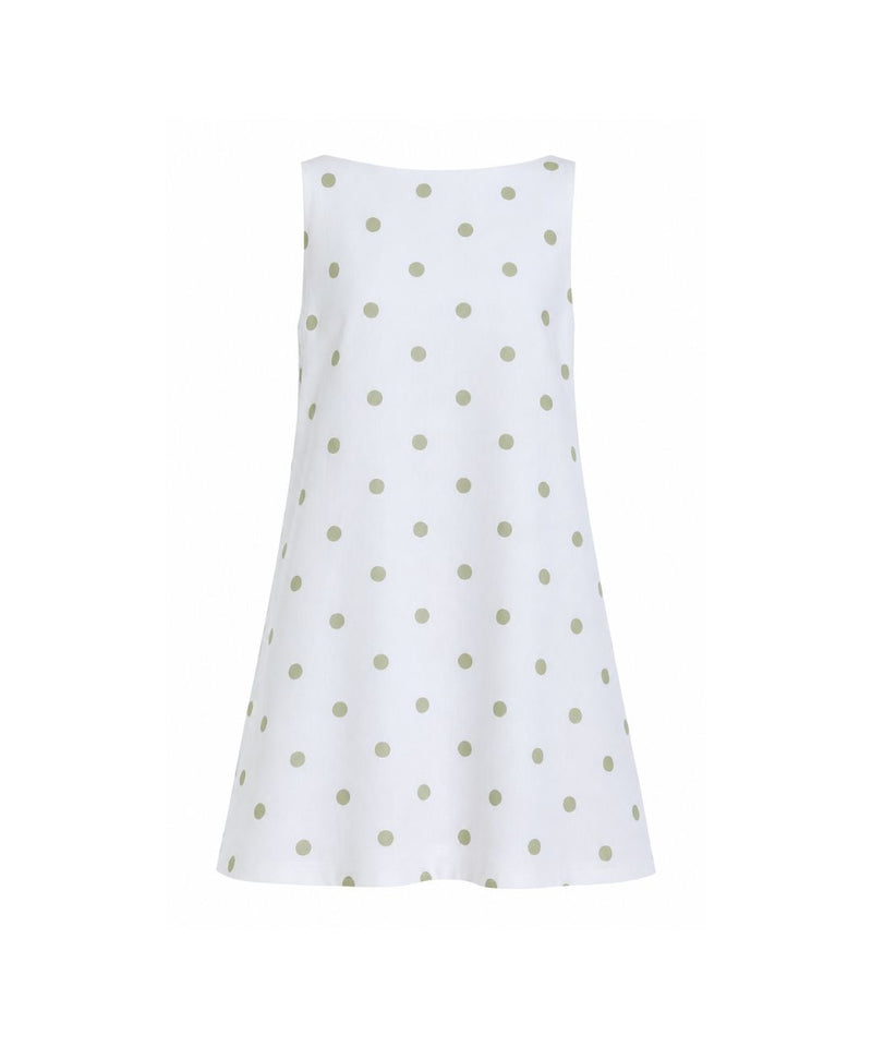 Pleated-Back Mini Dress in Green Dot