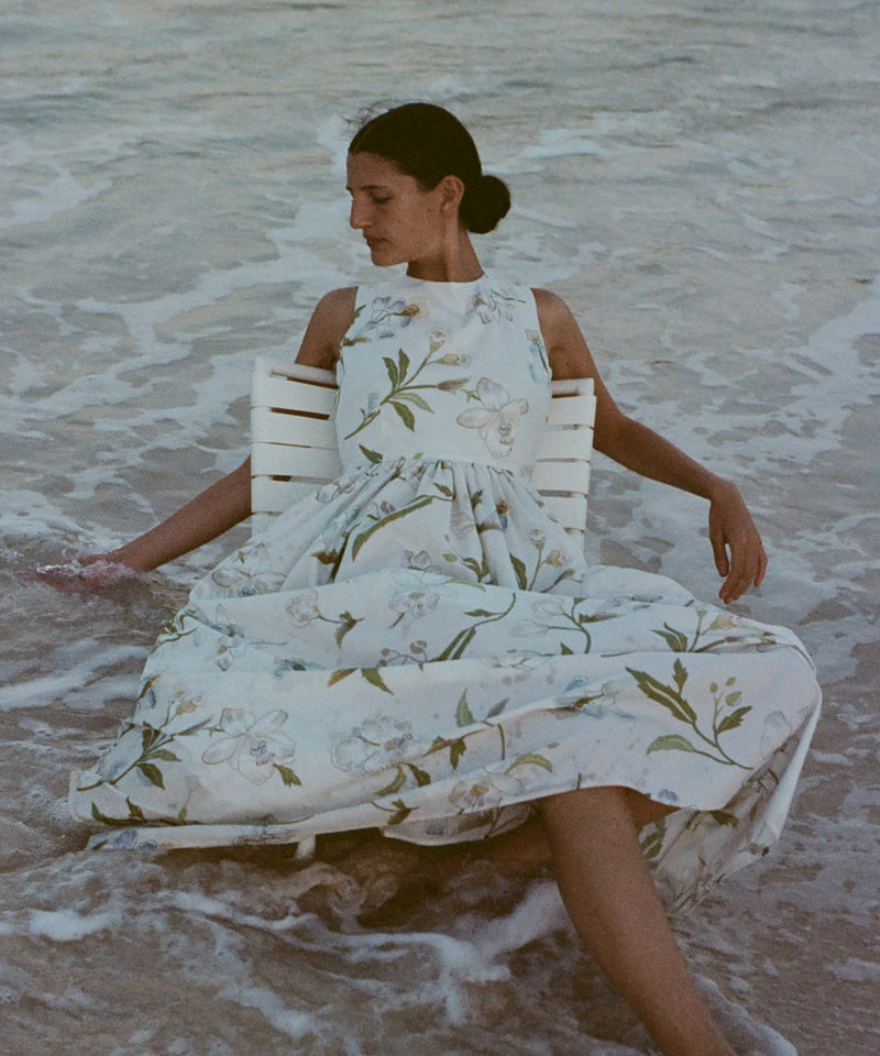 Ankle-Length Cornelia Dress in Ivory Hibiscus