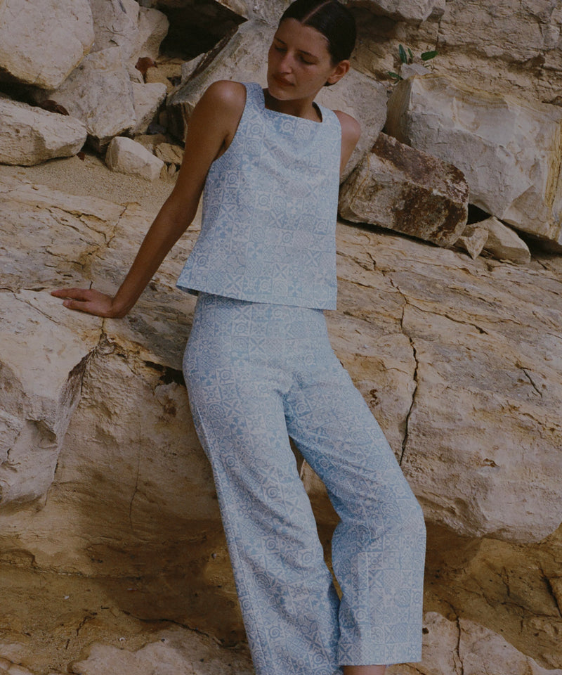 High-Waisted, Wide-Leg Pants in Blue Checkerboard