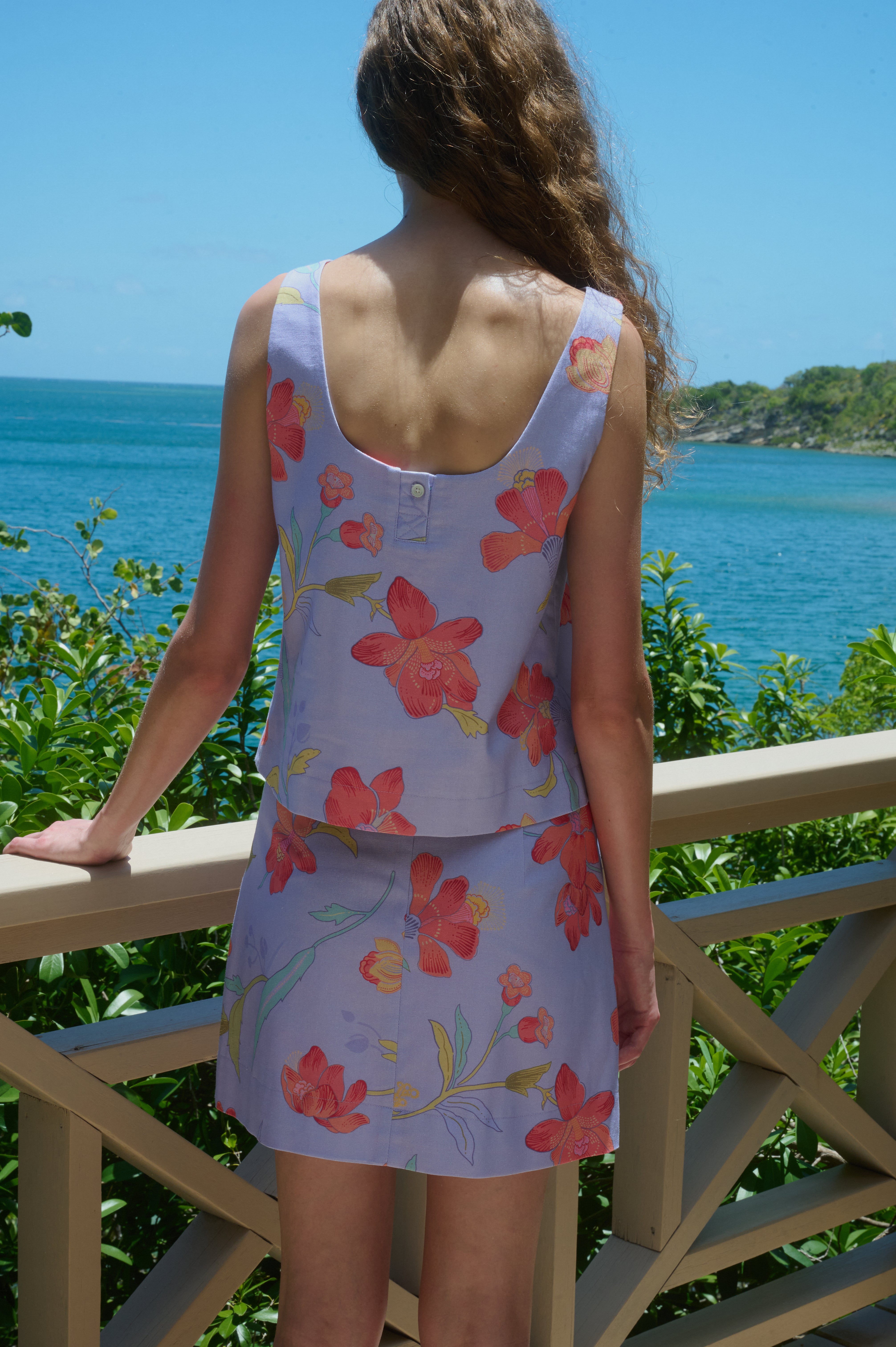 Boatneck Top and Mini Skirt Set in Violet Hibiscus