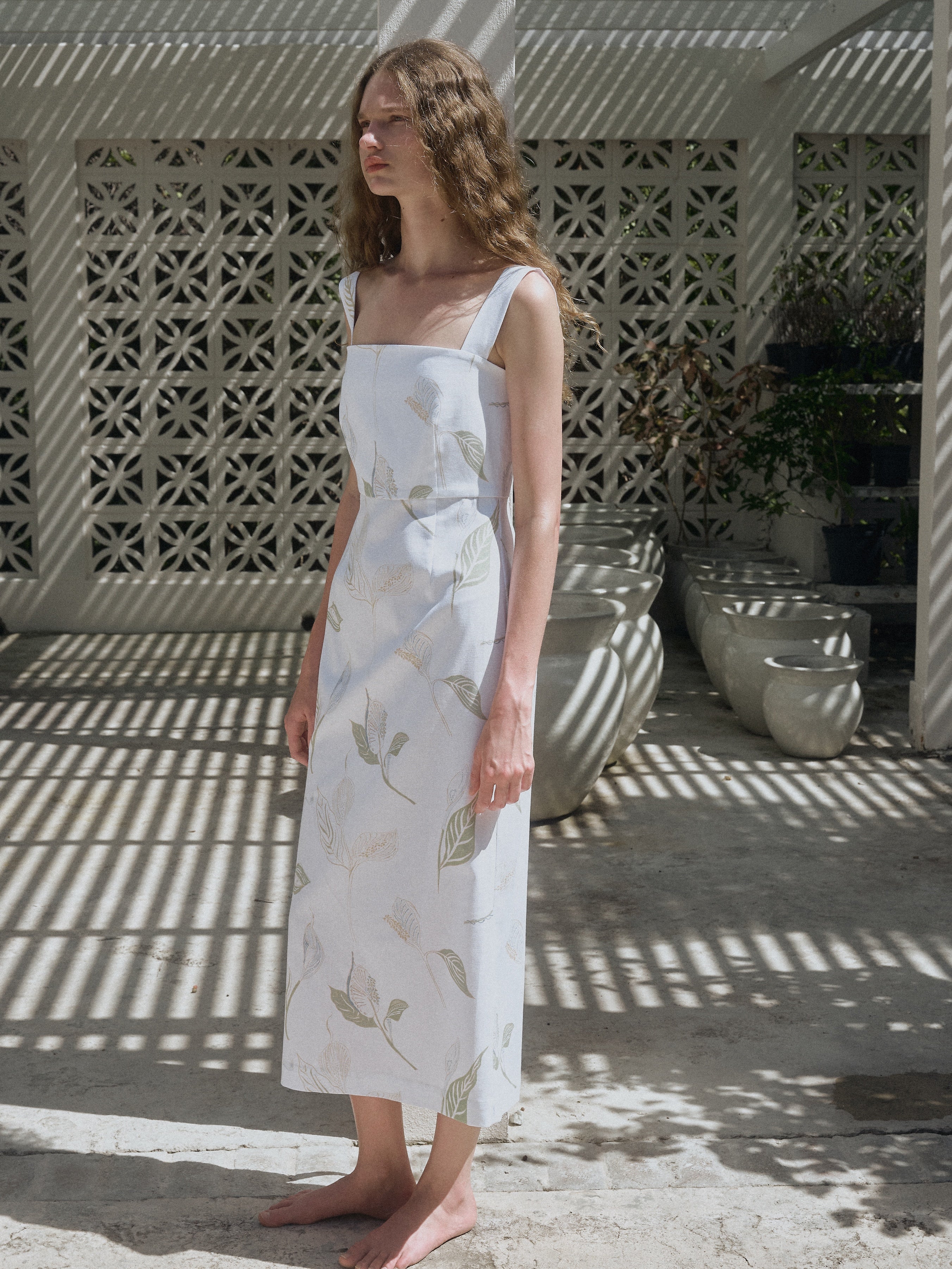 Long Slip Dress in White Peace Lily