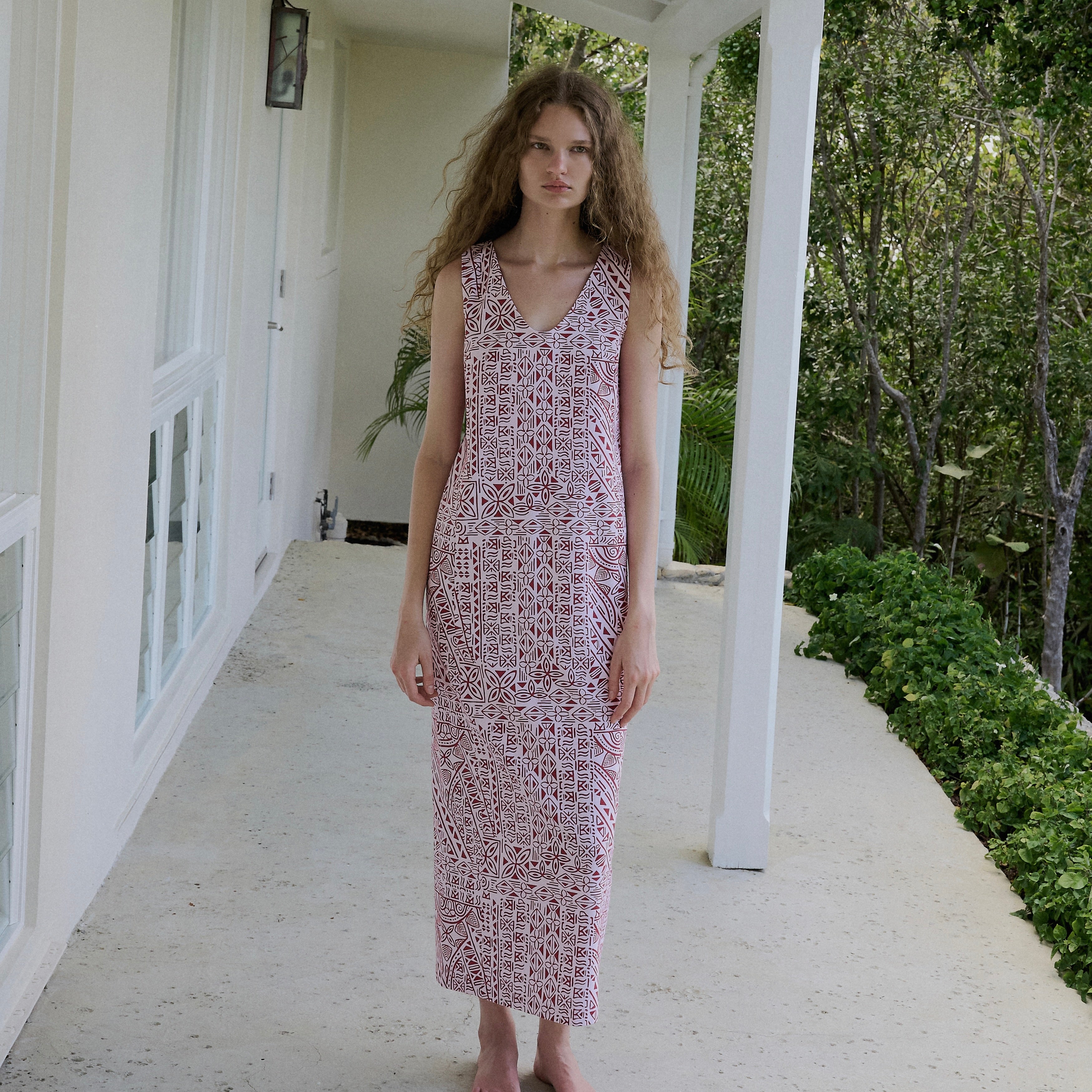 Alden V-Neck Dress with Brooch in Pink Island Geometric