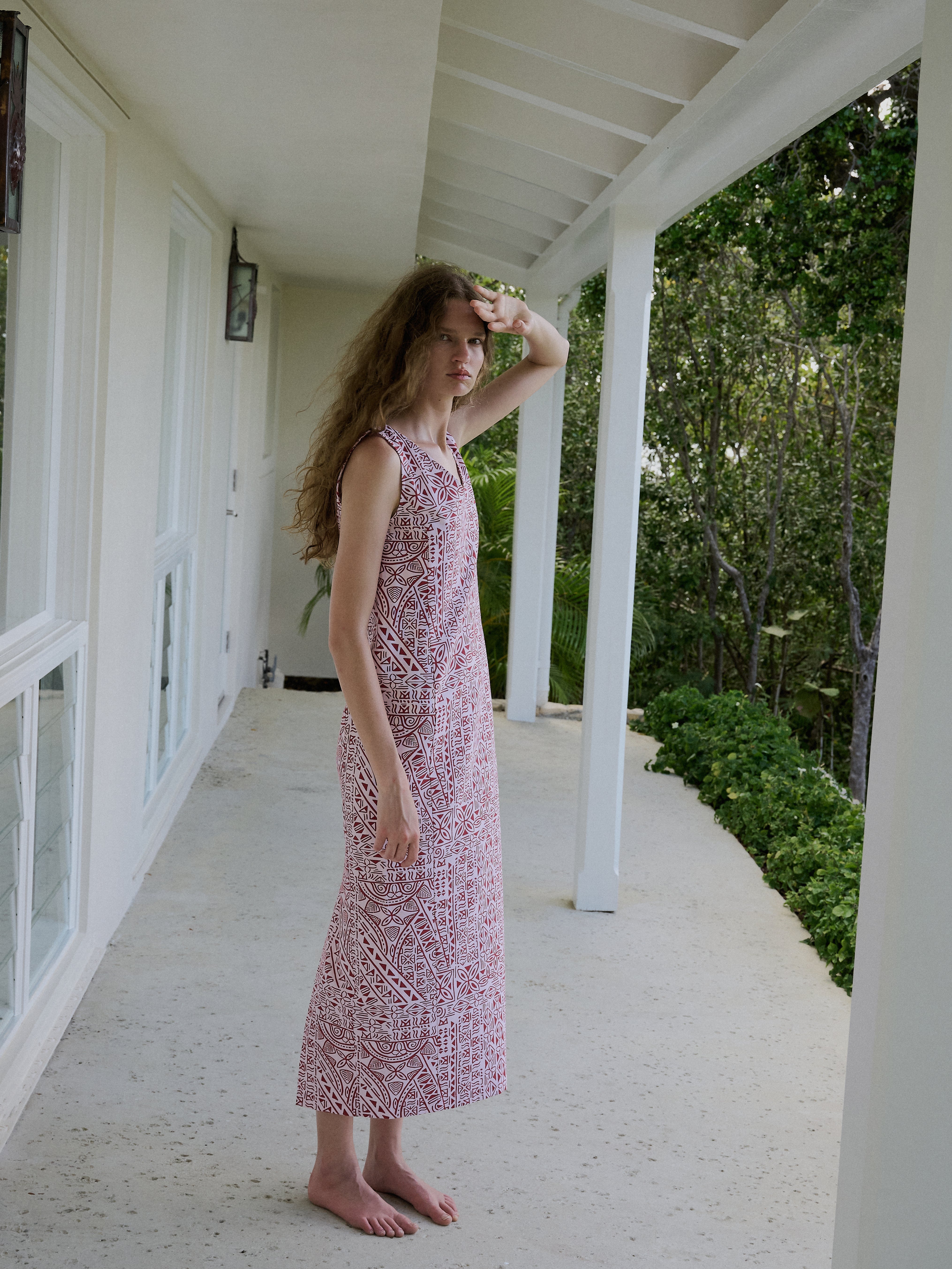 Alden V-Neck Dress with Brooch in Pink Island Geometric