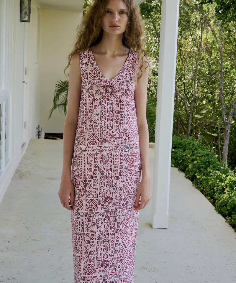 Alden V-Neck Dress with Brooch in Pink Island Geometric