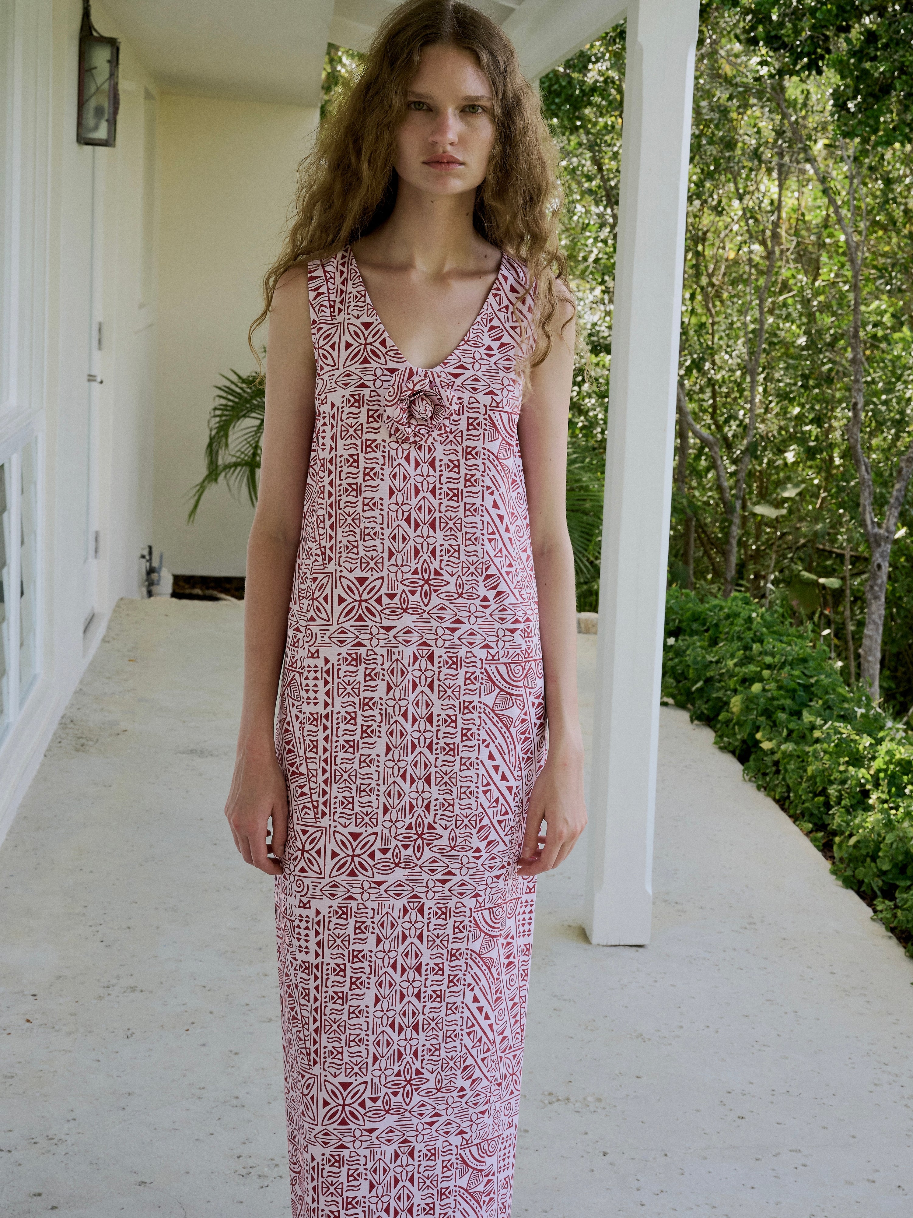 Alden V-Neck Dress with Brooch in Pink Island Geometric