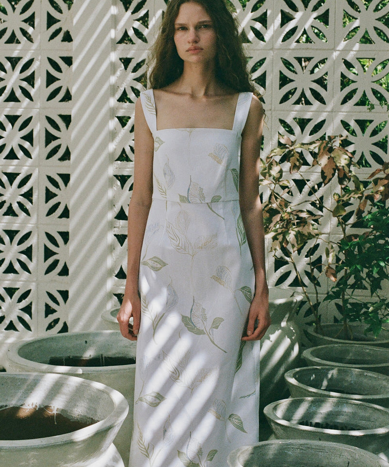 Long Slip Dress in White Peace Lily