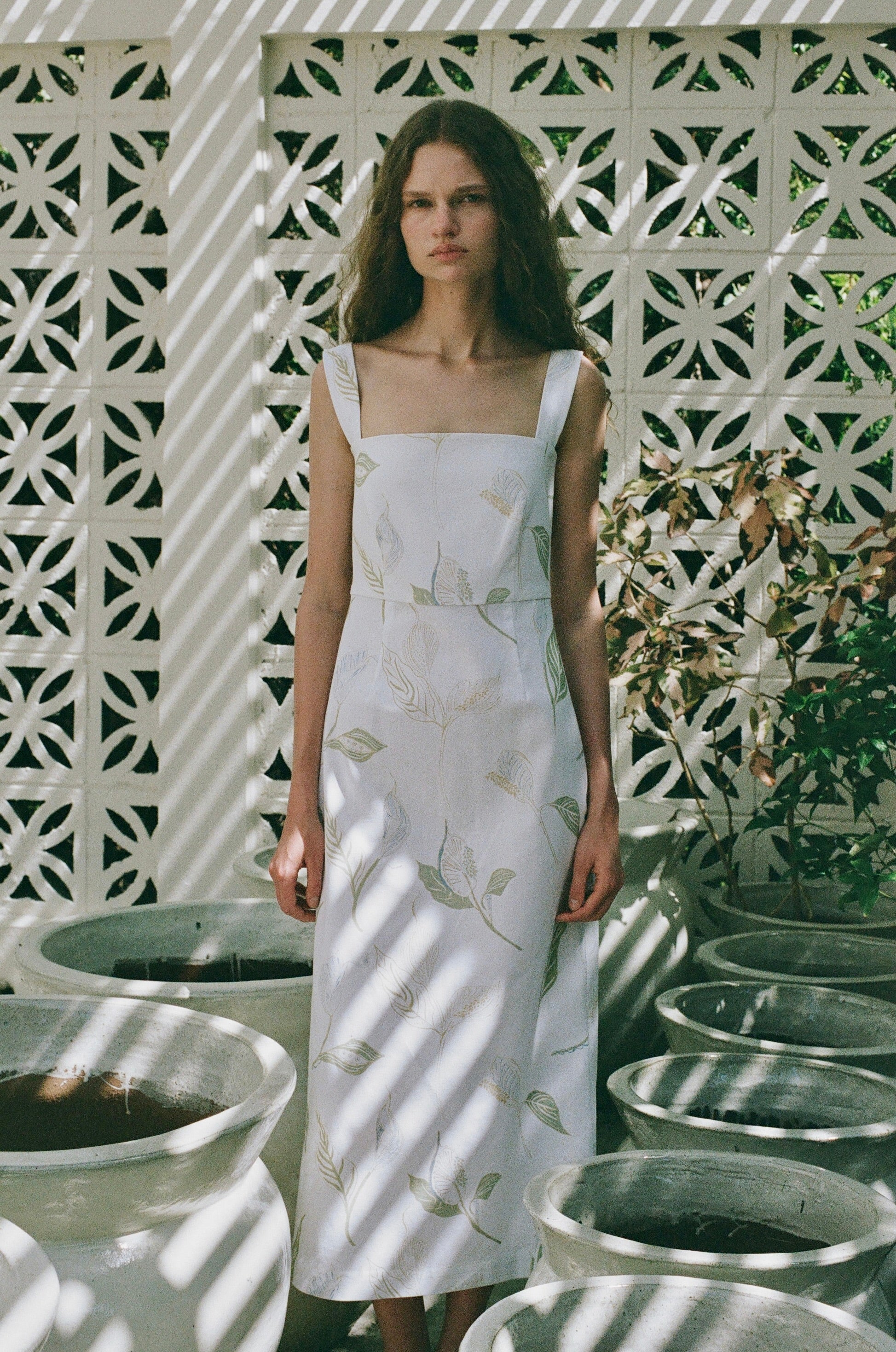 Long Slip Dress in White Peace Lily