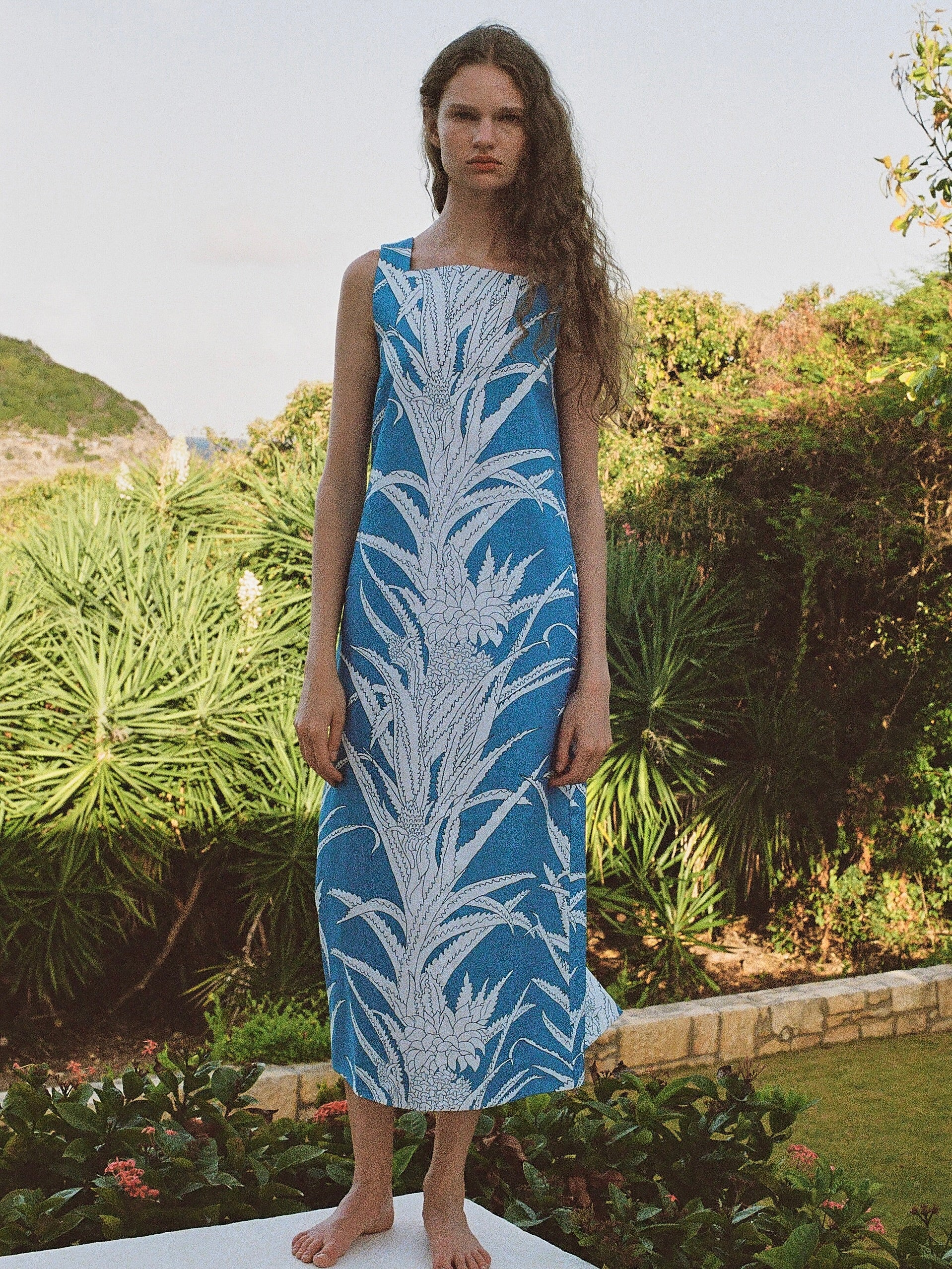 Ankle-Length Shift Dress in Blue Pineapple