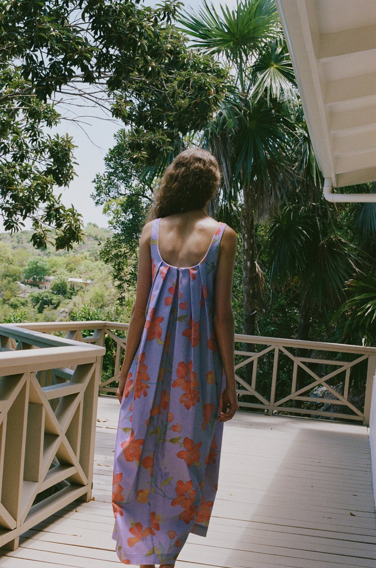Pleated-Back Midi Dress in Violet Hibiscus