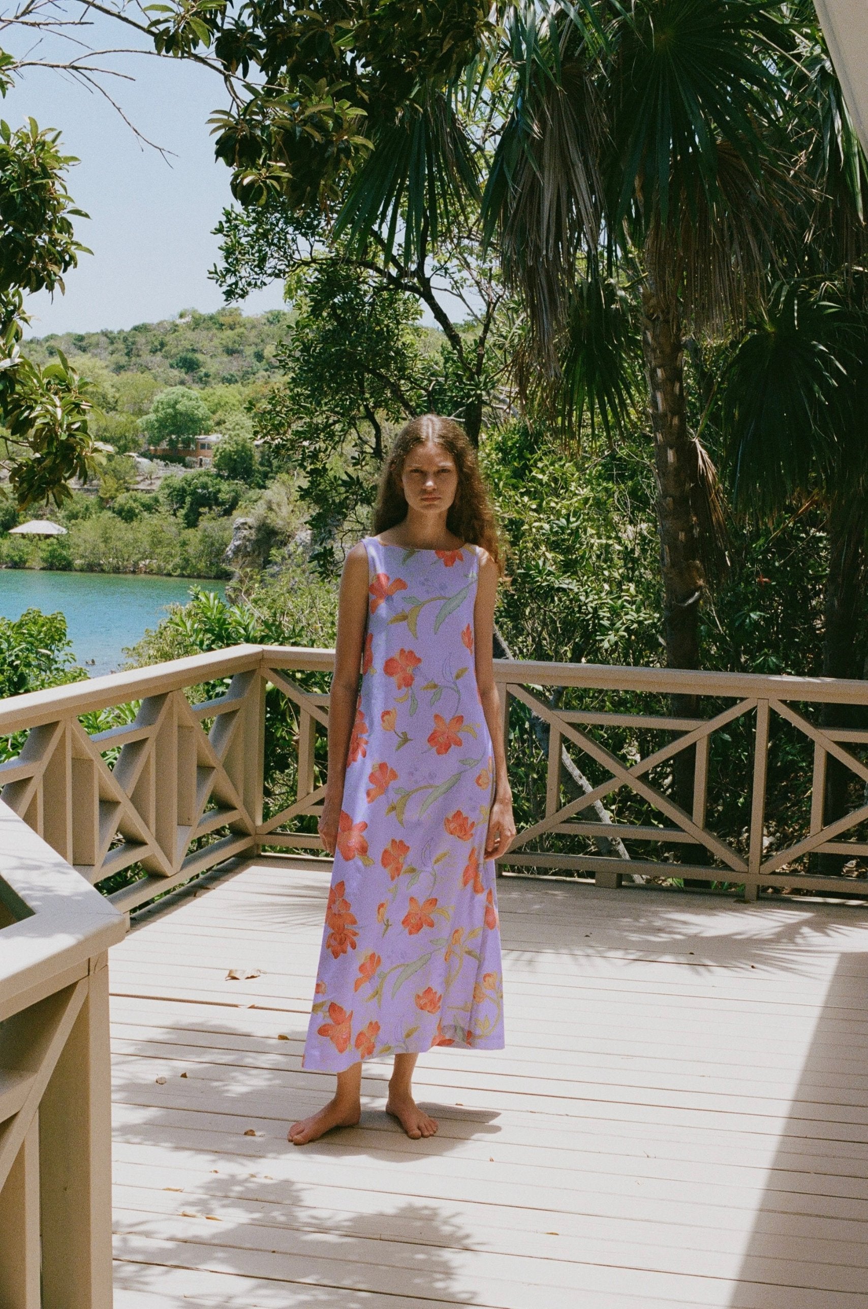 Pleated-Back Midi Dress in Violet Hibiscus