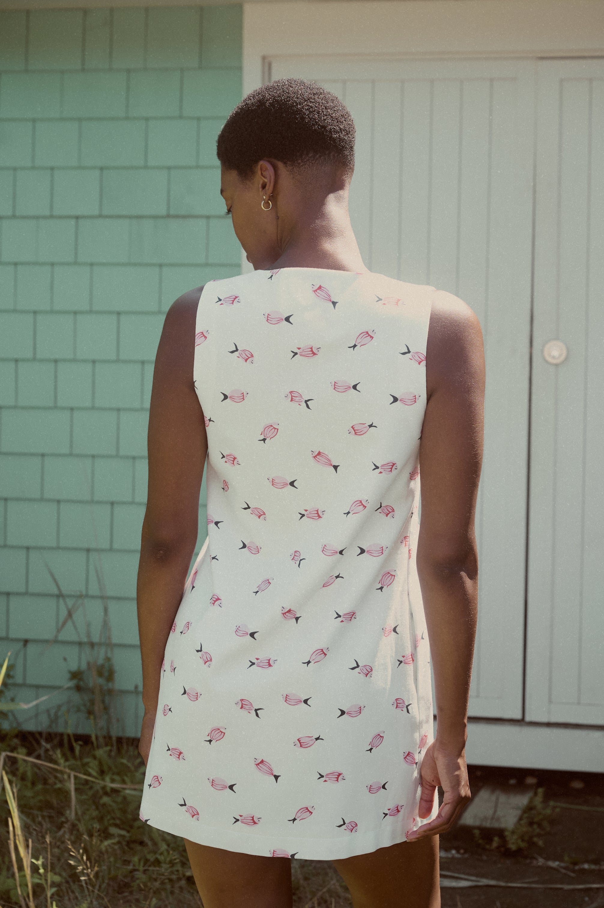 V-Neck Mini Dress in Vintage Pink Fish