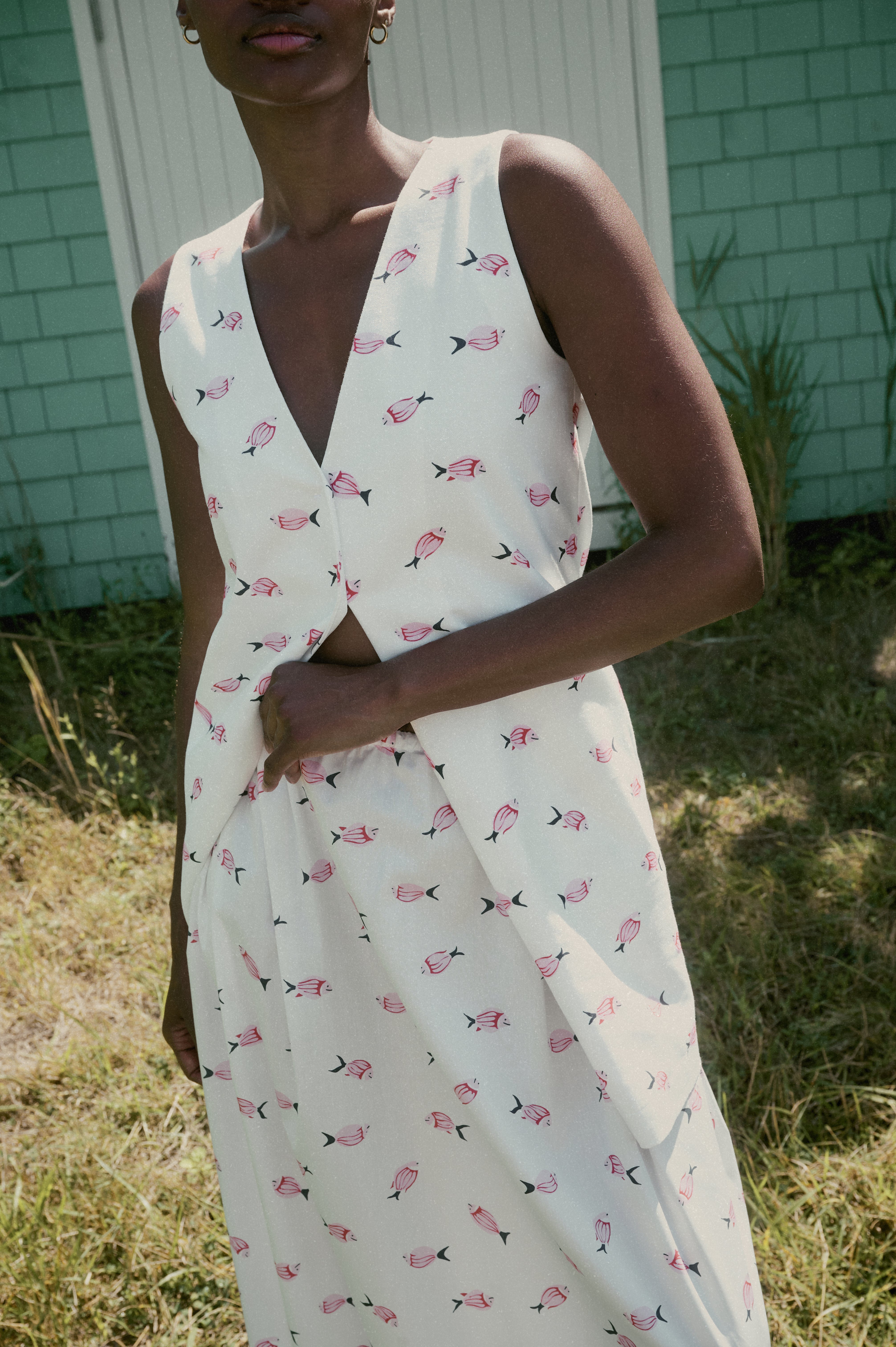 V-Neck Mini Dress in Vintage Pink Fish