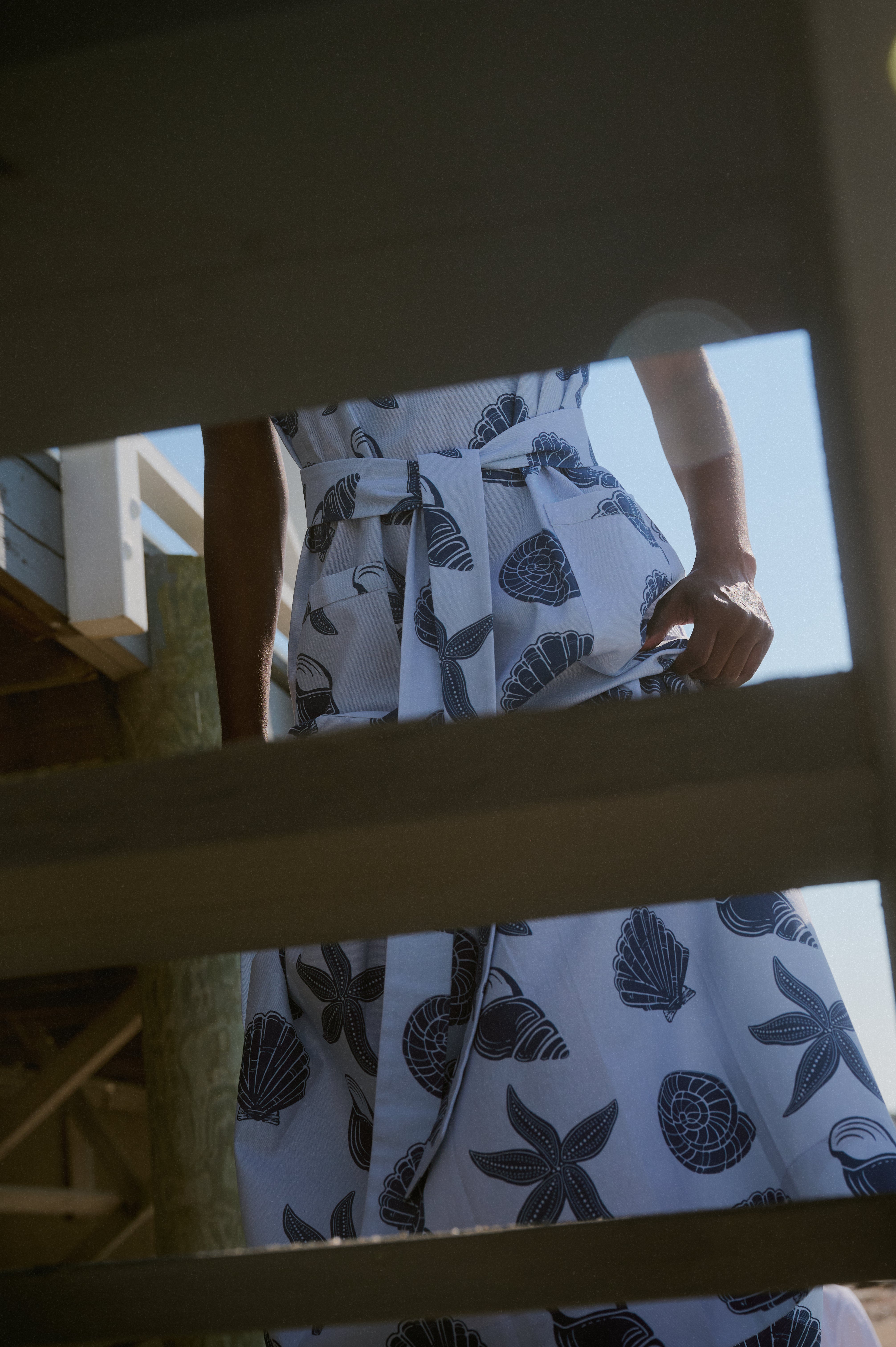 V-Neck Shift Dress with Belt in Blue Large Shell