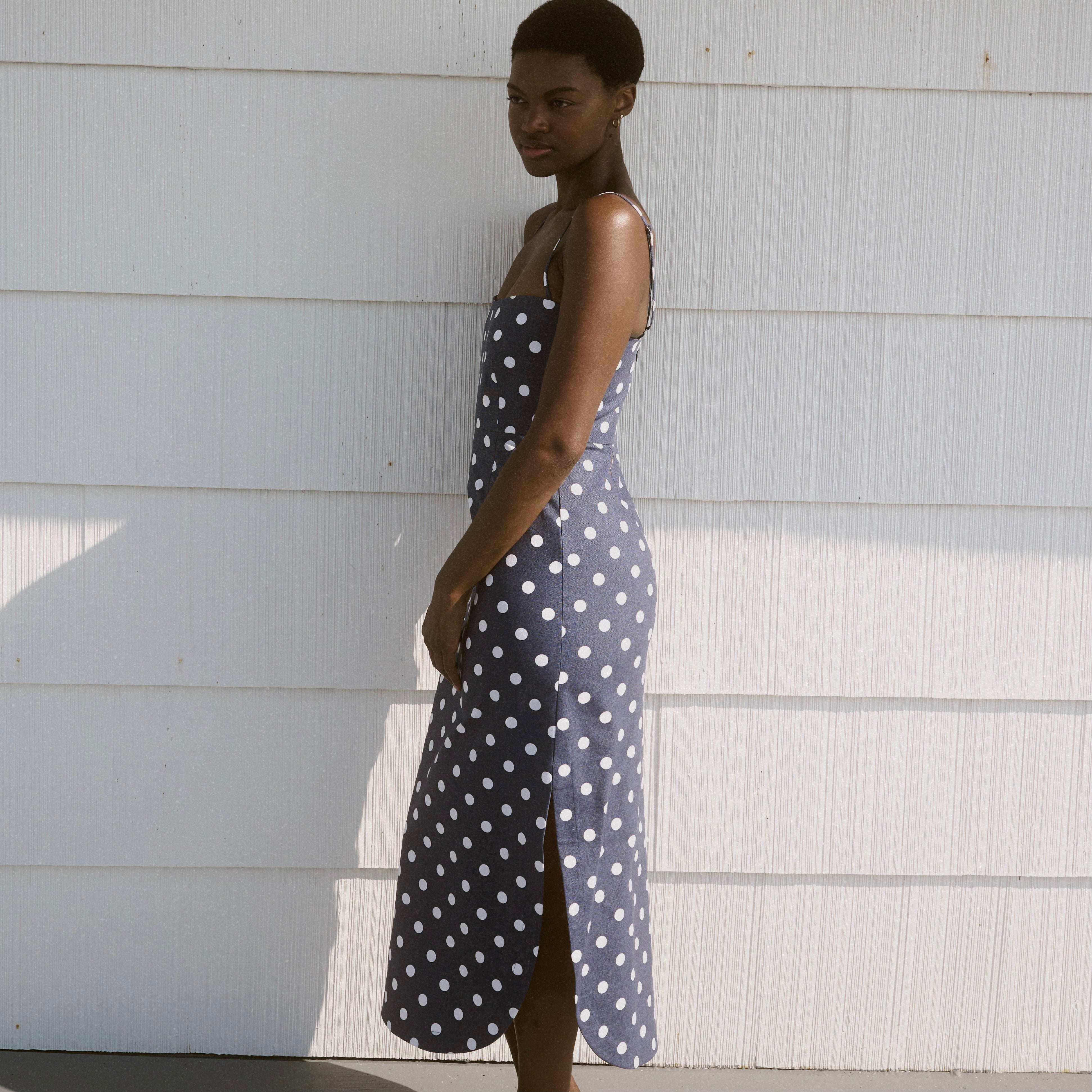 Curved-Hem Midi Dress in Navy Dot