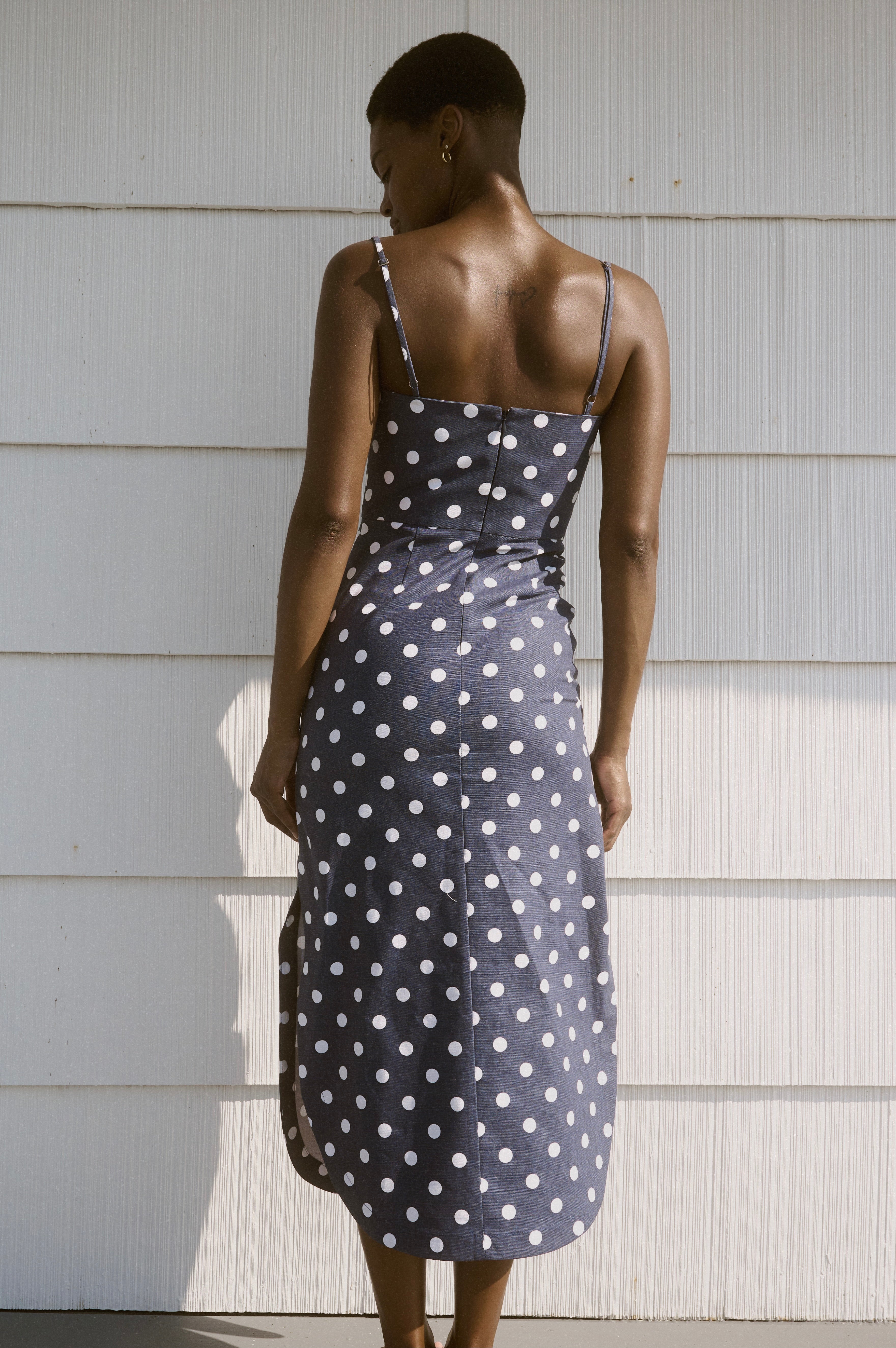 Curved-Hem Midi Dress in Navy Dot