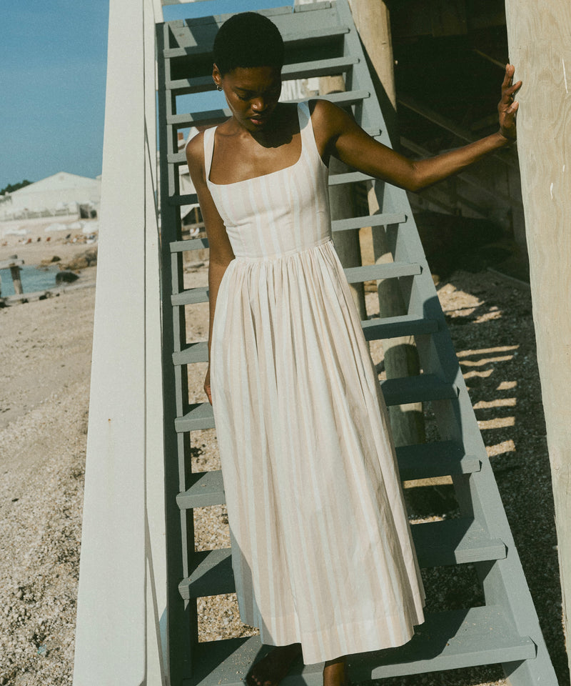 Scoop Neck Dress in Beige Stripe
