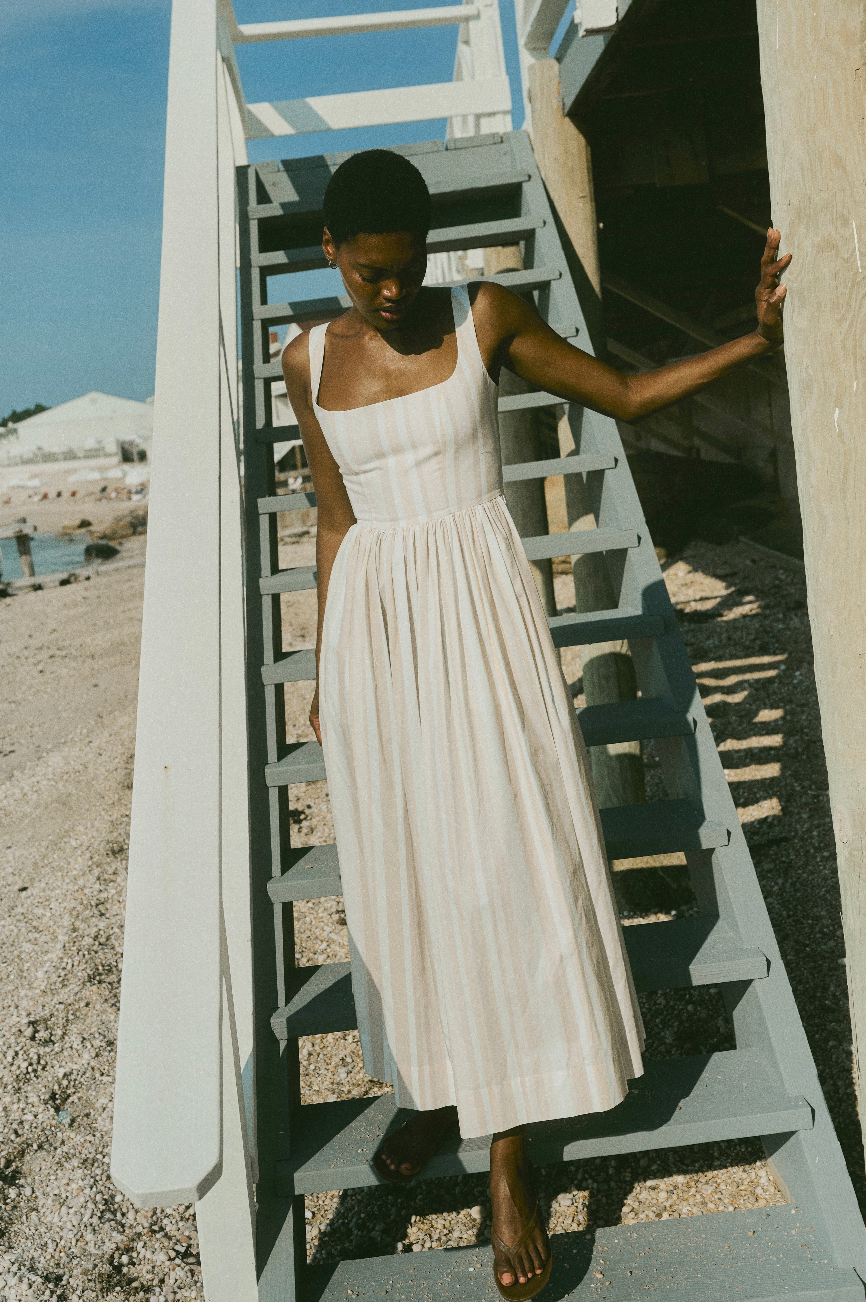 Scoop Neck Dress in Beige Stripe