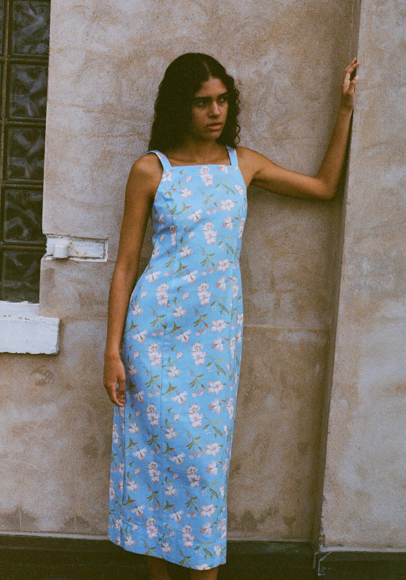 high neck midi dress High-Neck Midi Dress in Blue Hibiscus