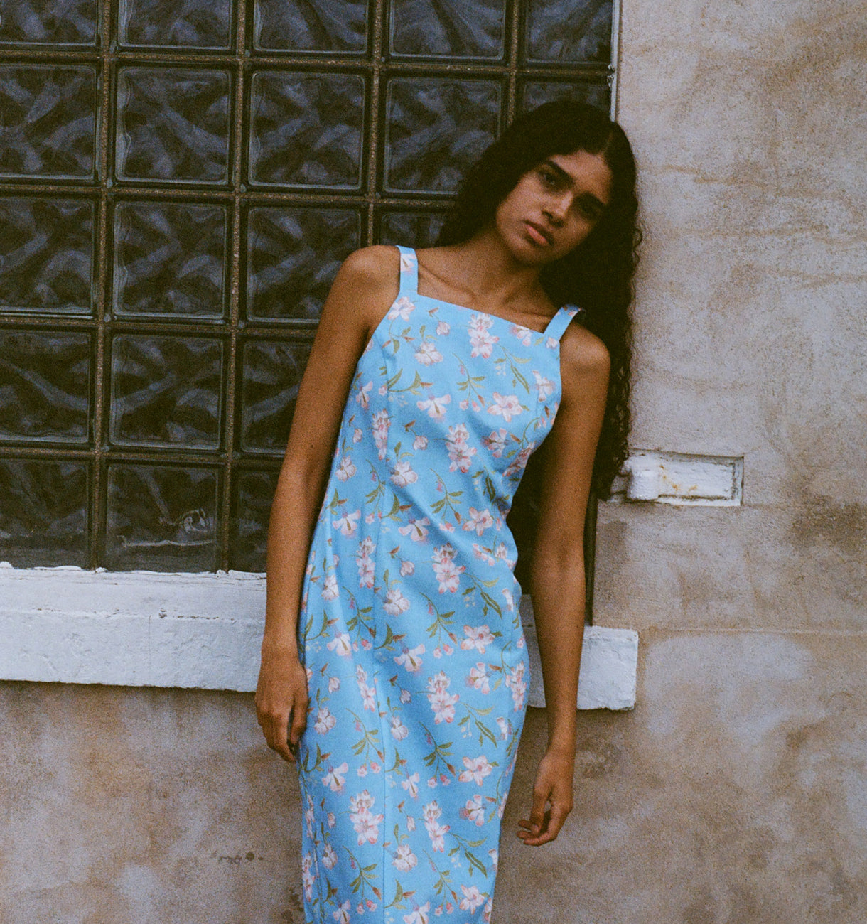 High-Neck Midi Dress in Blue Hibiscus High-Neck Midi Dress in Blue Hibiscus
