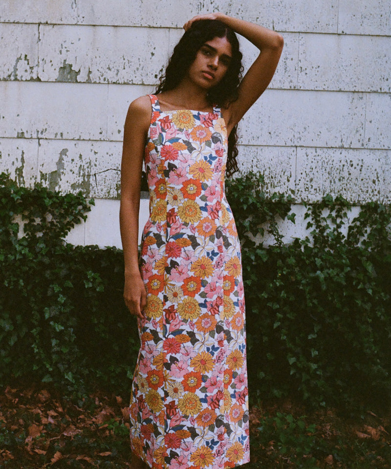 High-Neck Midi Dress in Flower Heads