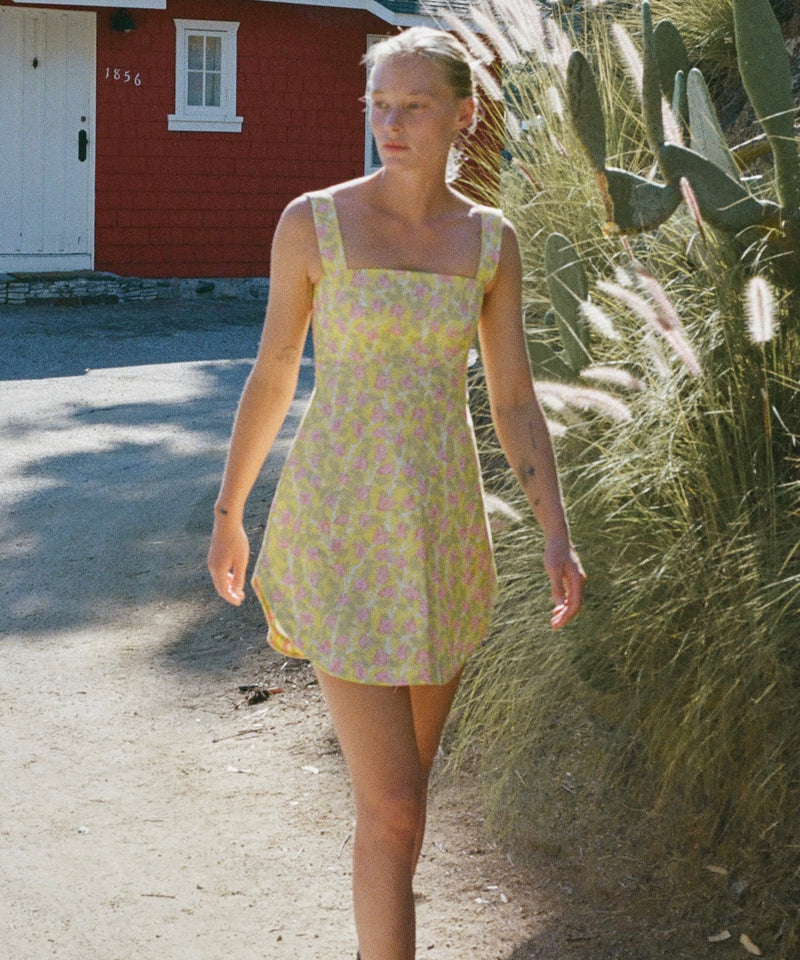 Curved-Hem Mini Dress in Yellow with Pink Bougainvillea