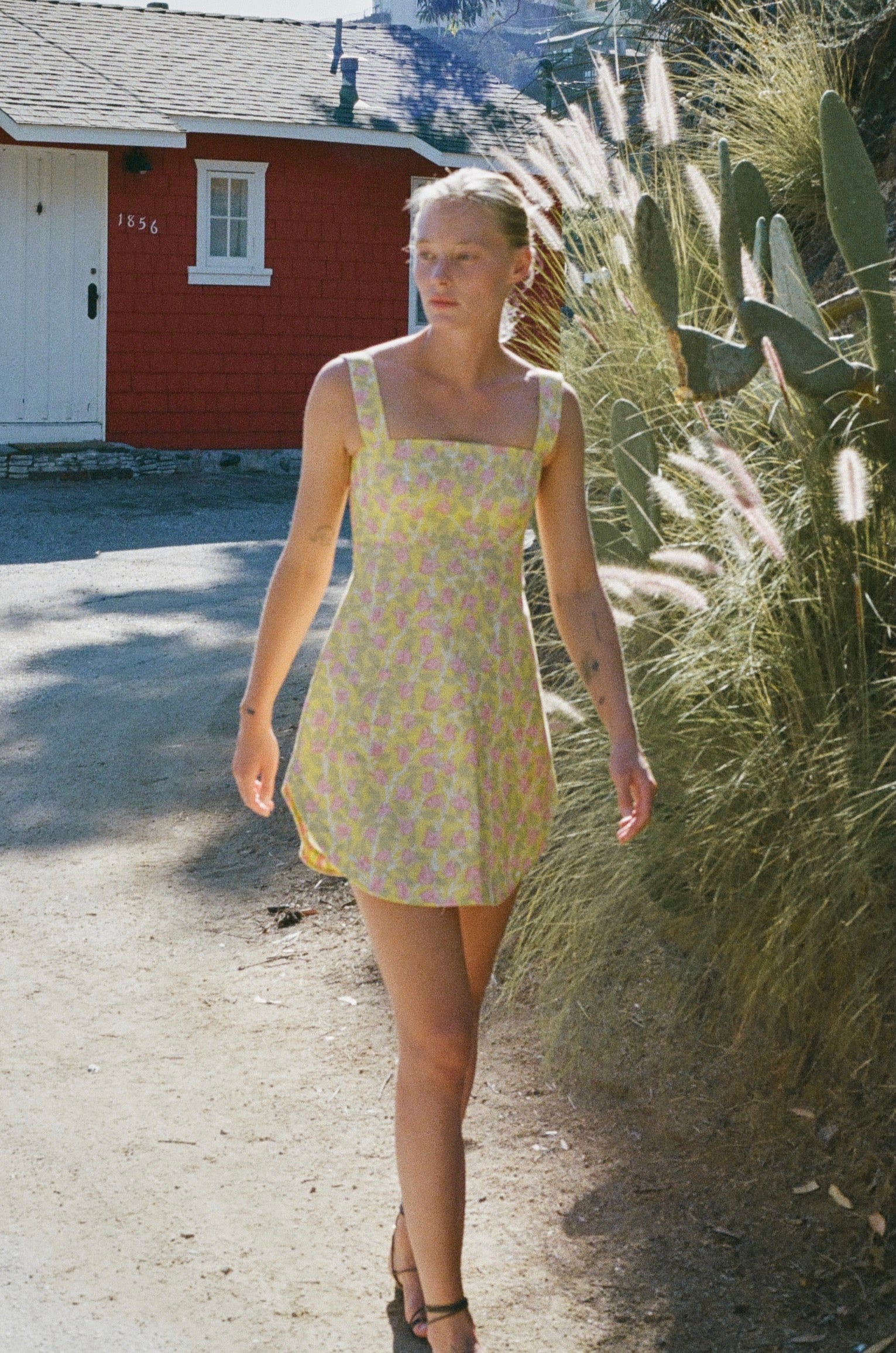 Curved-Hem Mini Dress in Yellow with Pink Bougainvillea