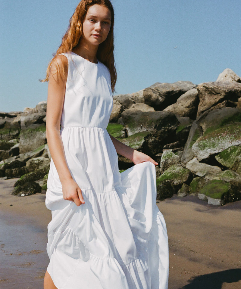 Round Neck Dress in White Poplin