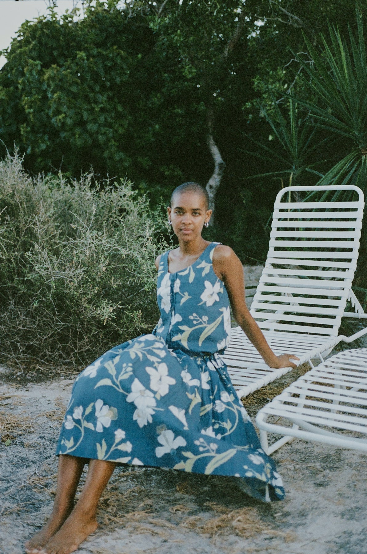 Drop-Waist Dress in Navy Hibiscus