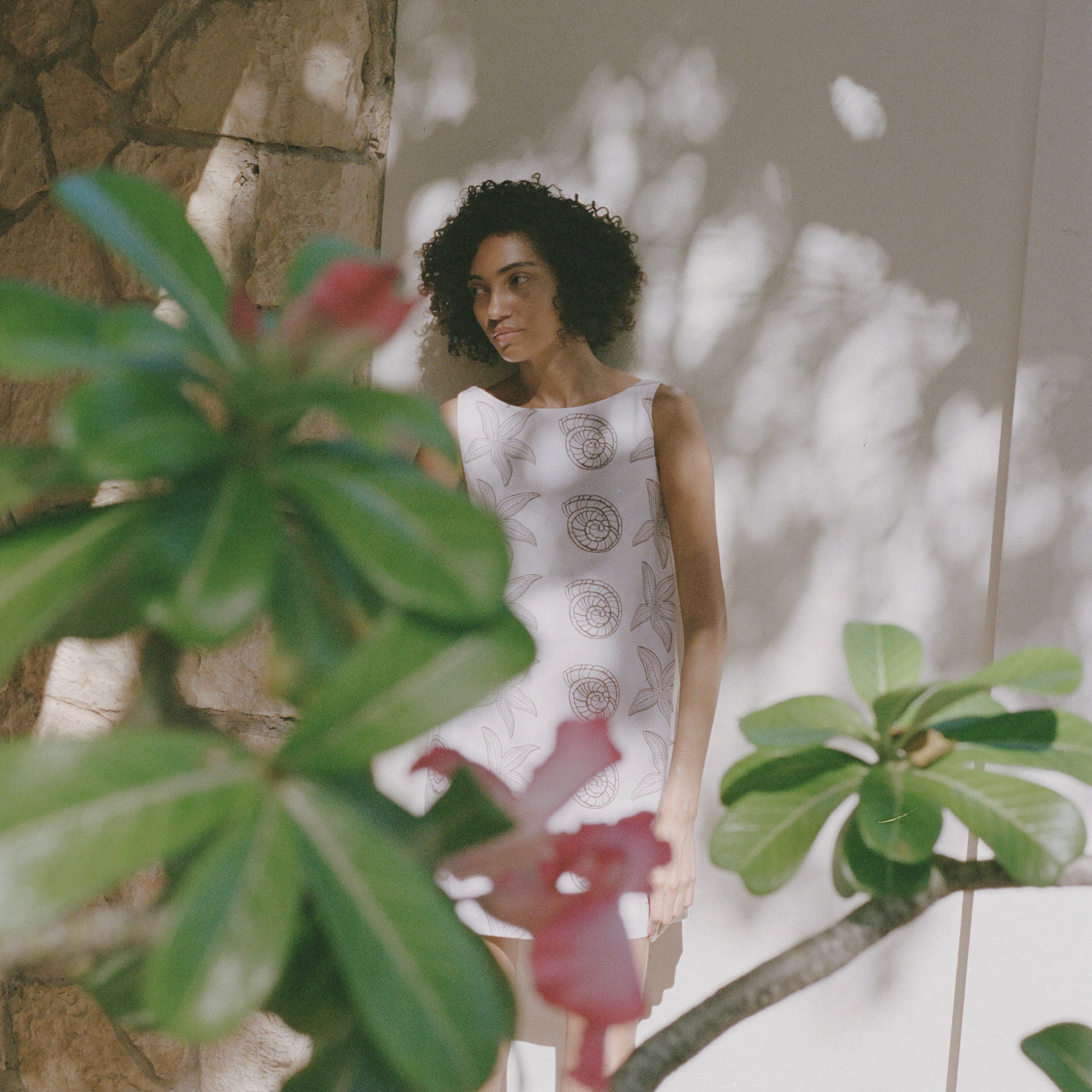 Pleated-Back Mini Dress in Beige Large Shell