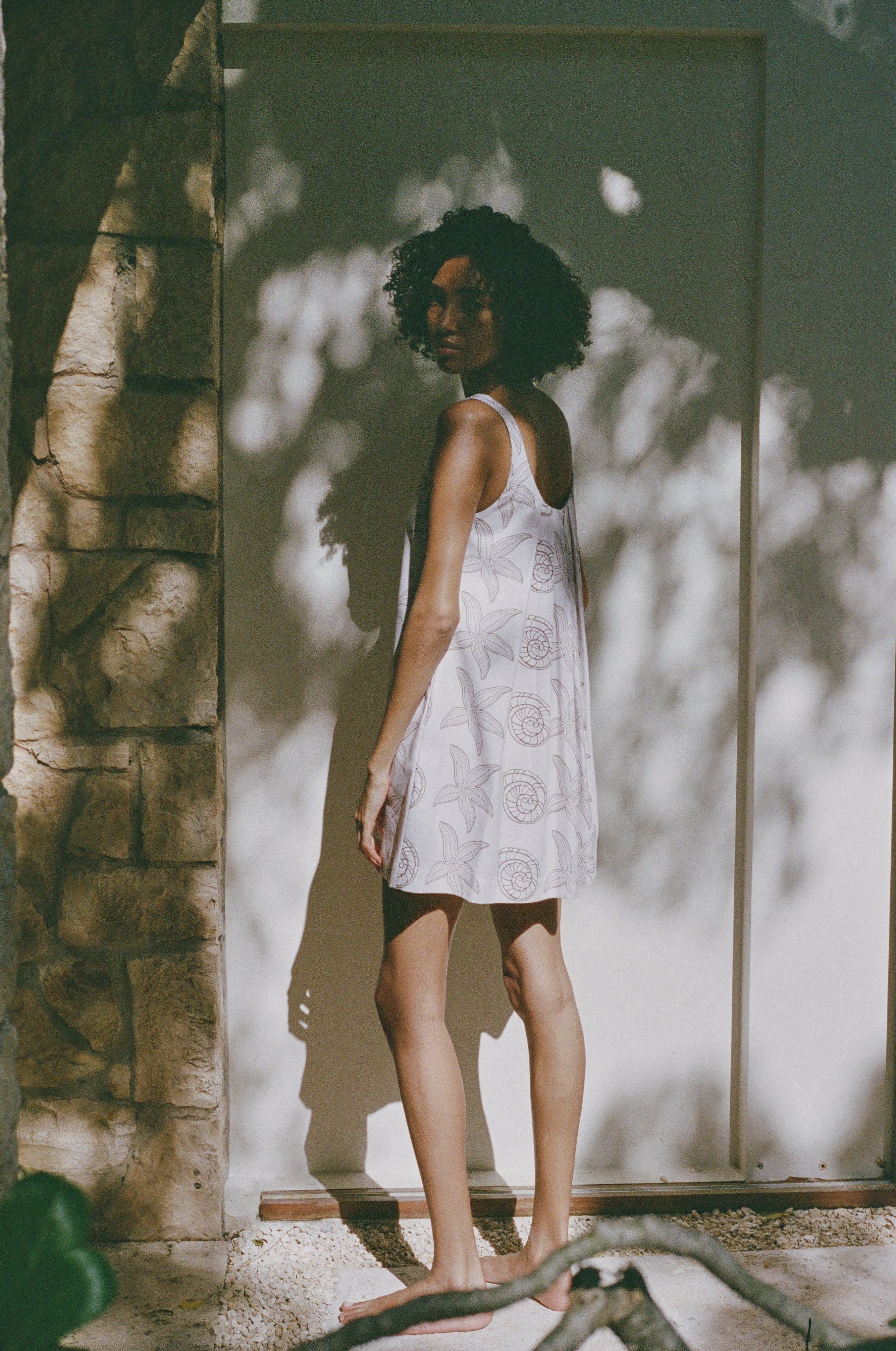 Pleated-Back Mini Dress in Beige Large Shell