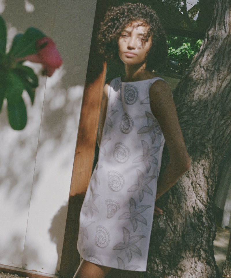 Pleated-Back Mini Dress in Beige Large Shell