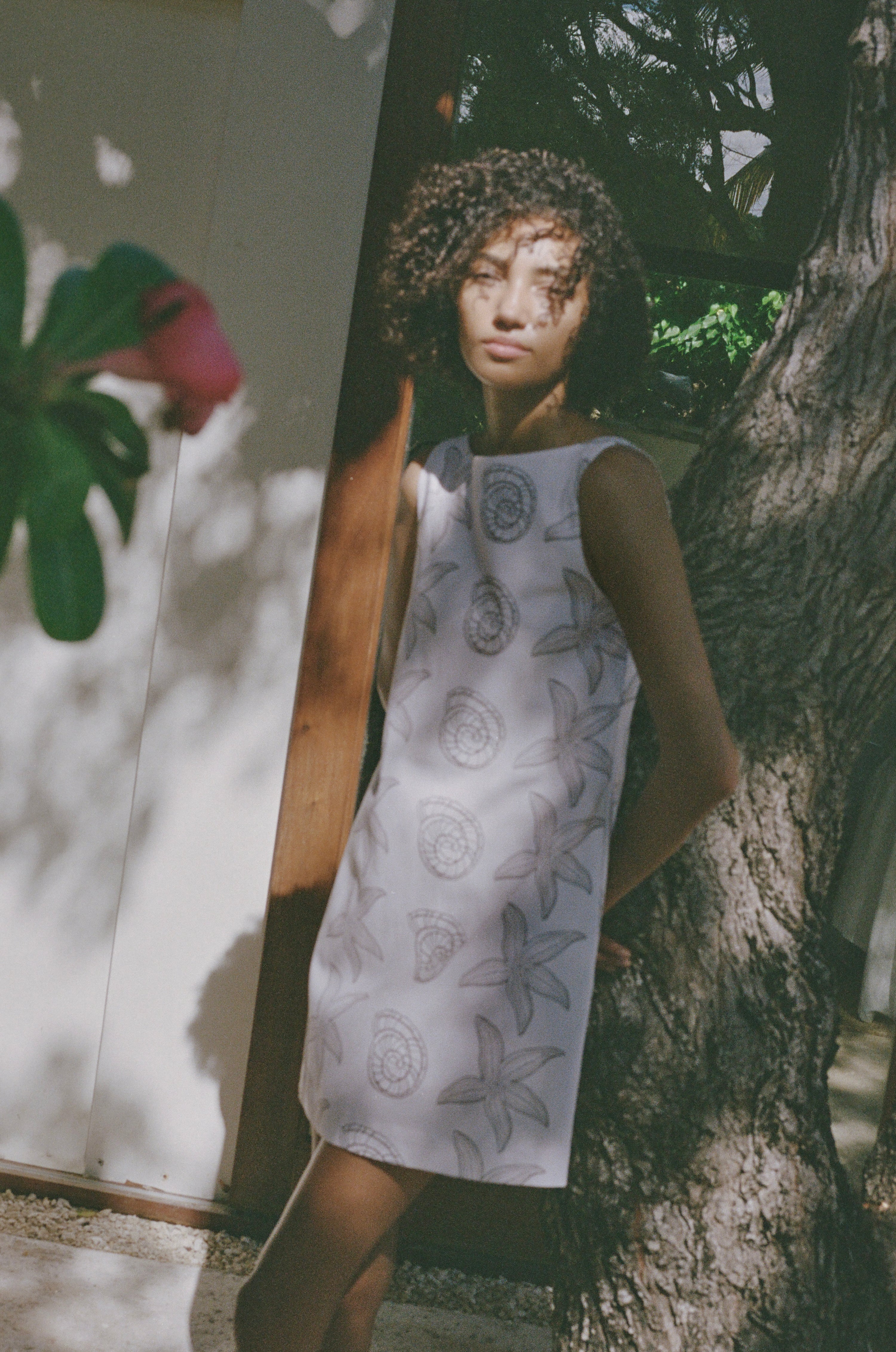 Pleated-Back Mini Dress in Beige Large Shell