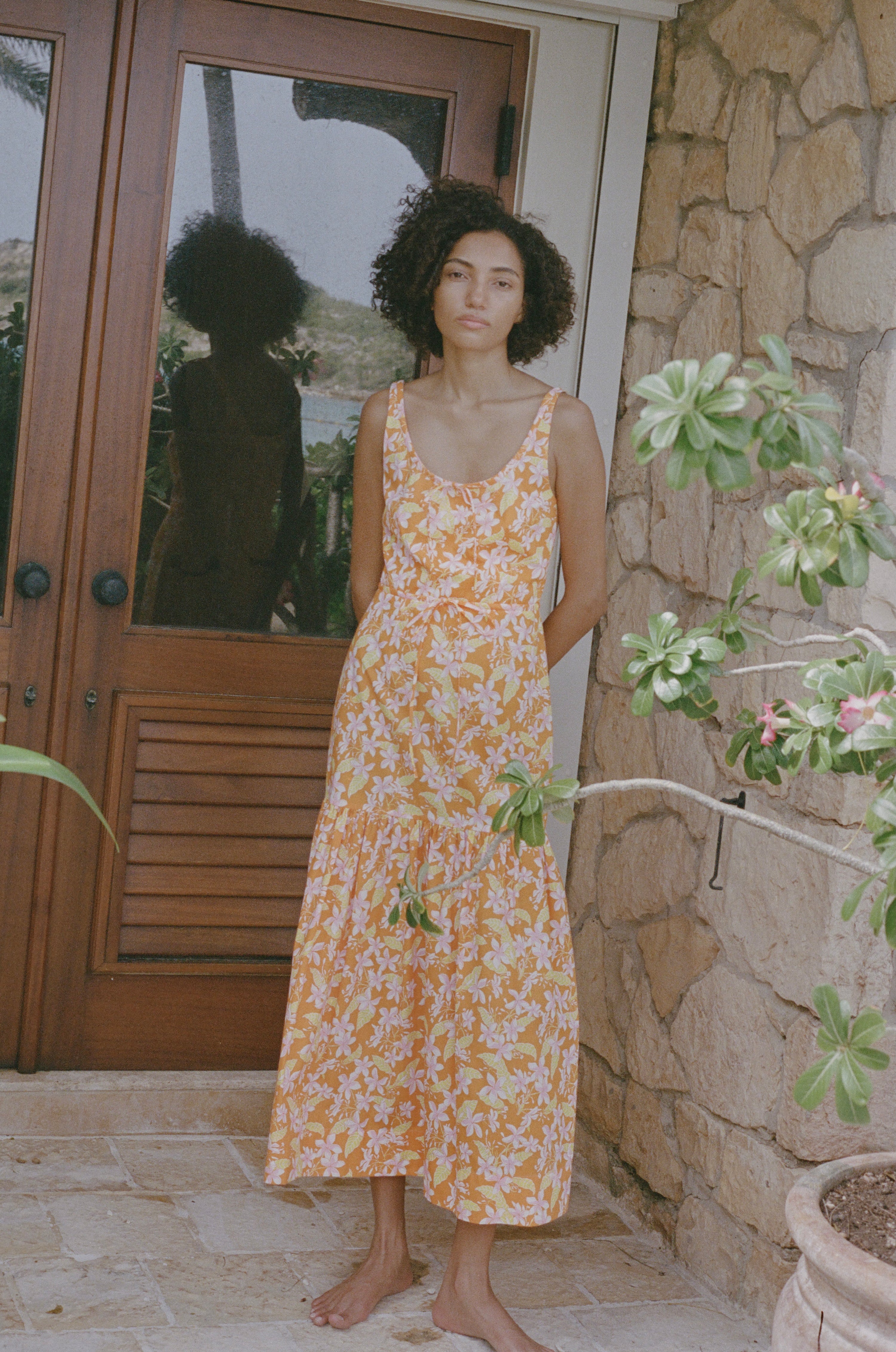 Double Drawstring Dress in Orange Frangipani