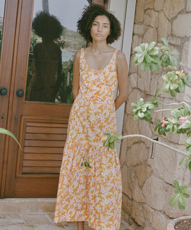 Double Drawstring Dress in Orange Frangipani