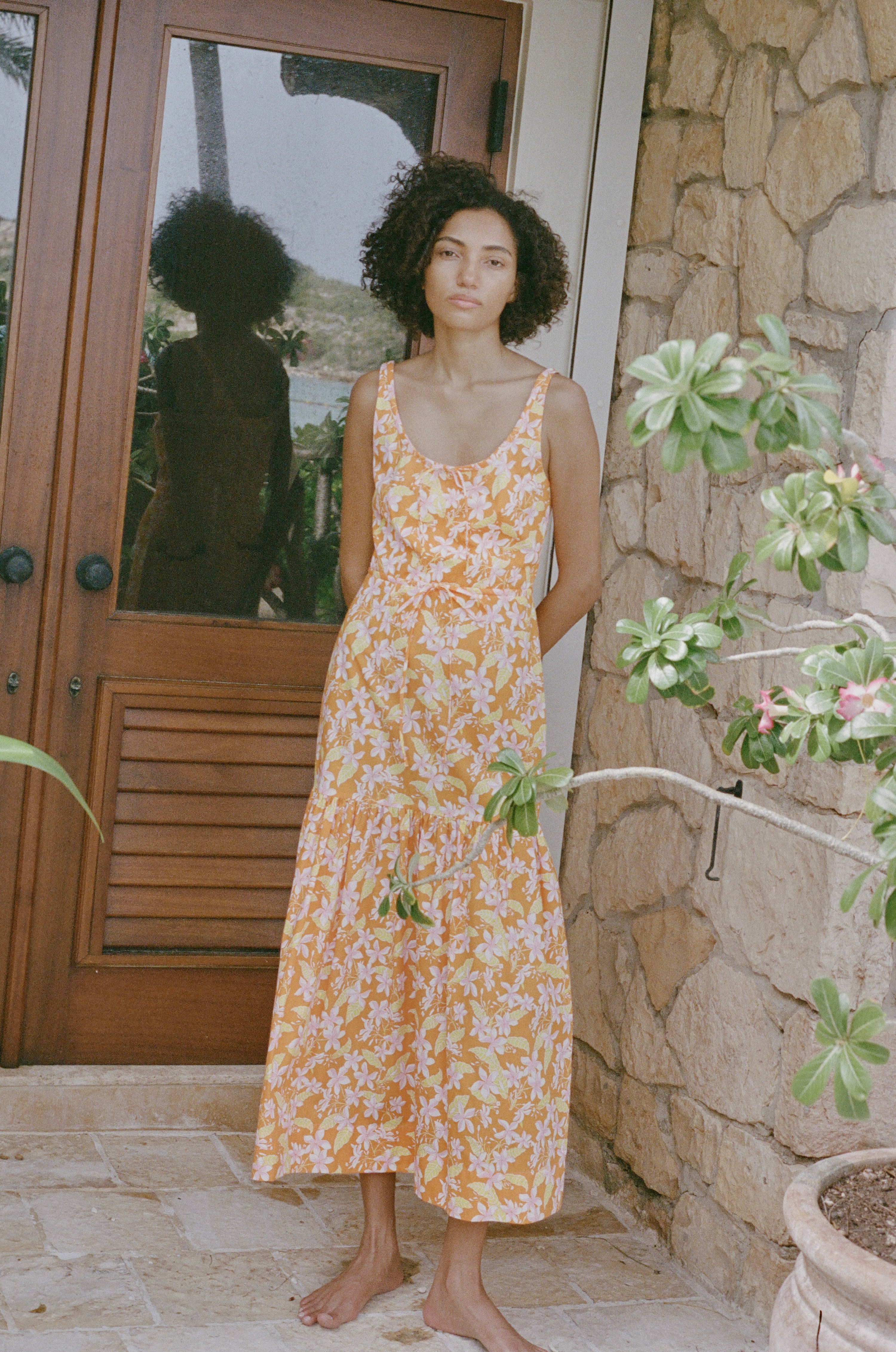 Double Drawstring Dress in Orange Frangipani